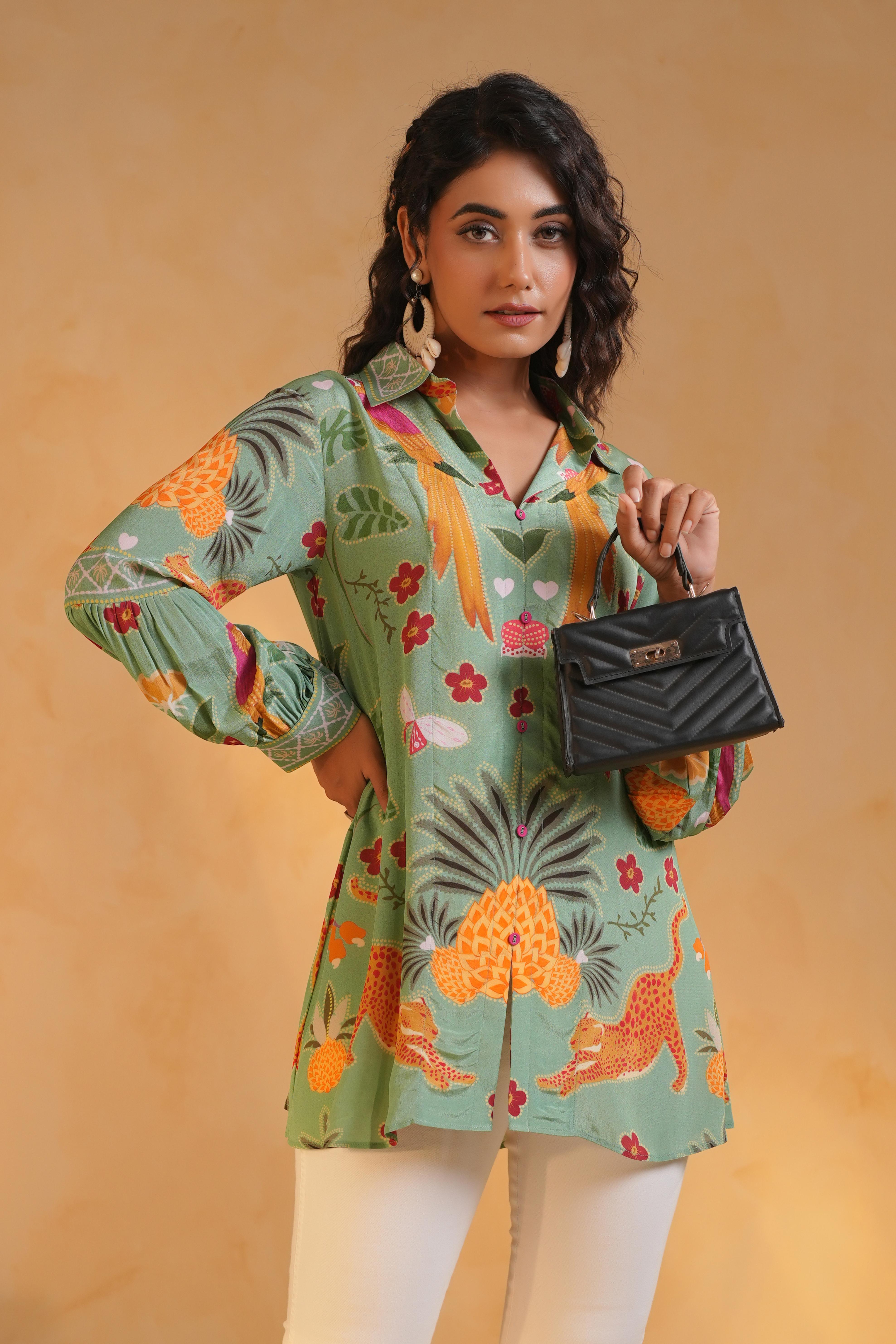 Sage Green Printed Crepe Silk Top