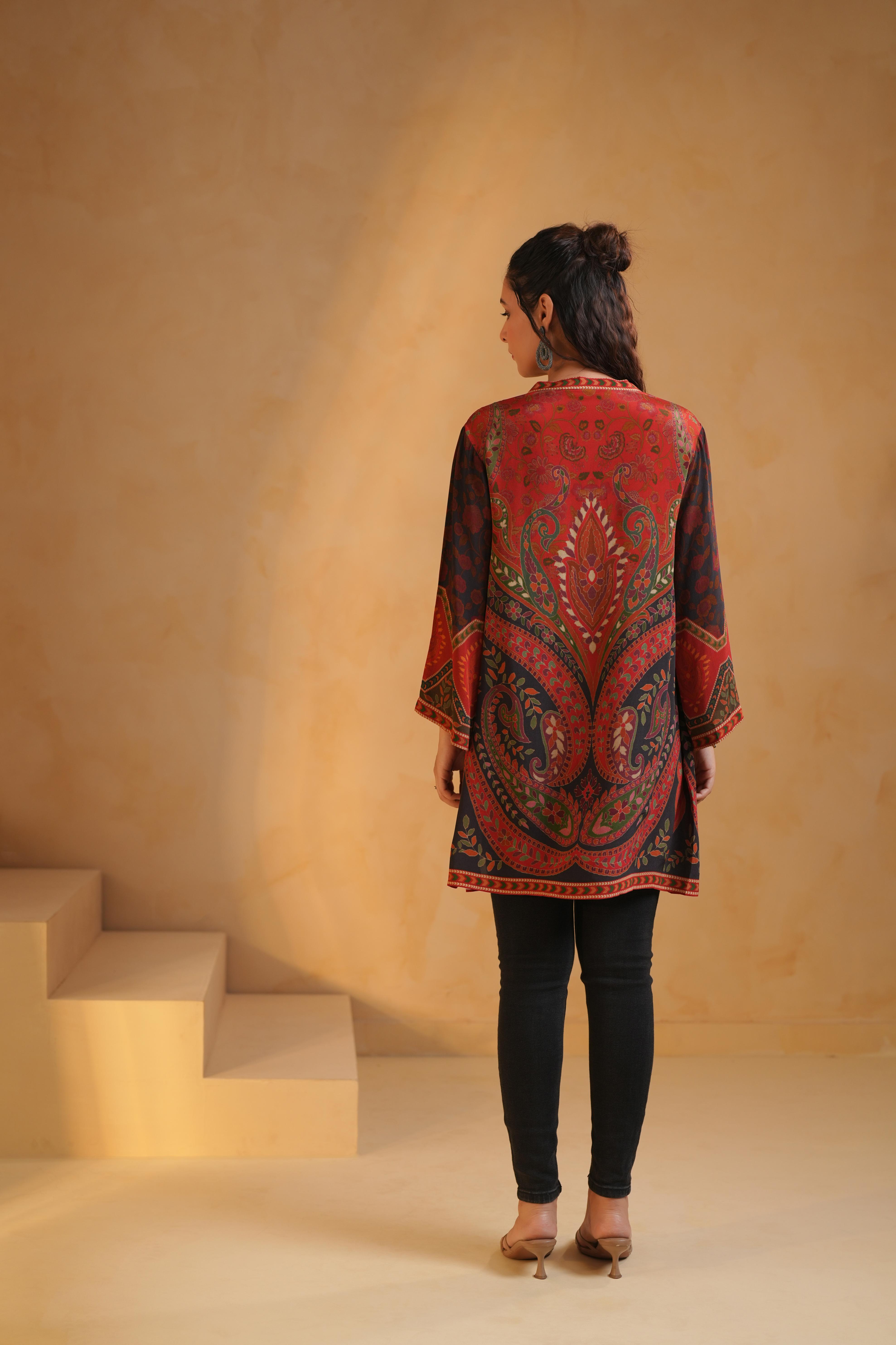 Rust Red Printed Crepe Silk Top