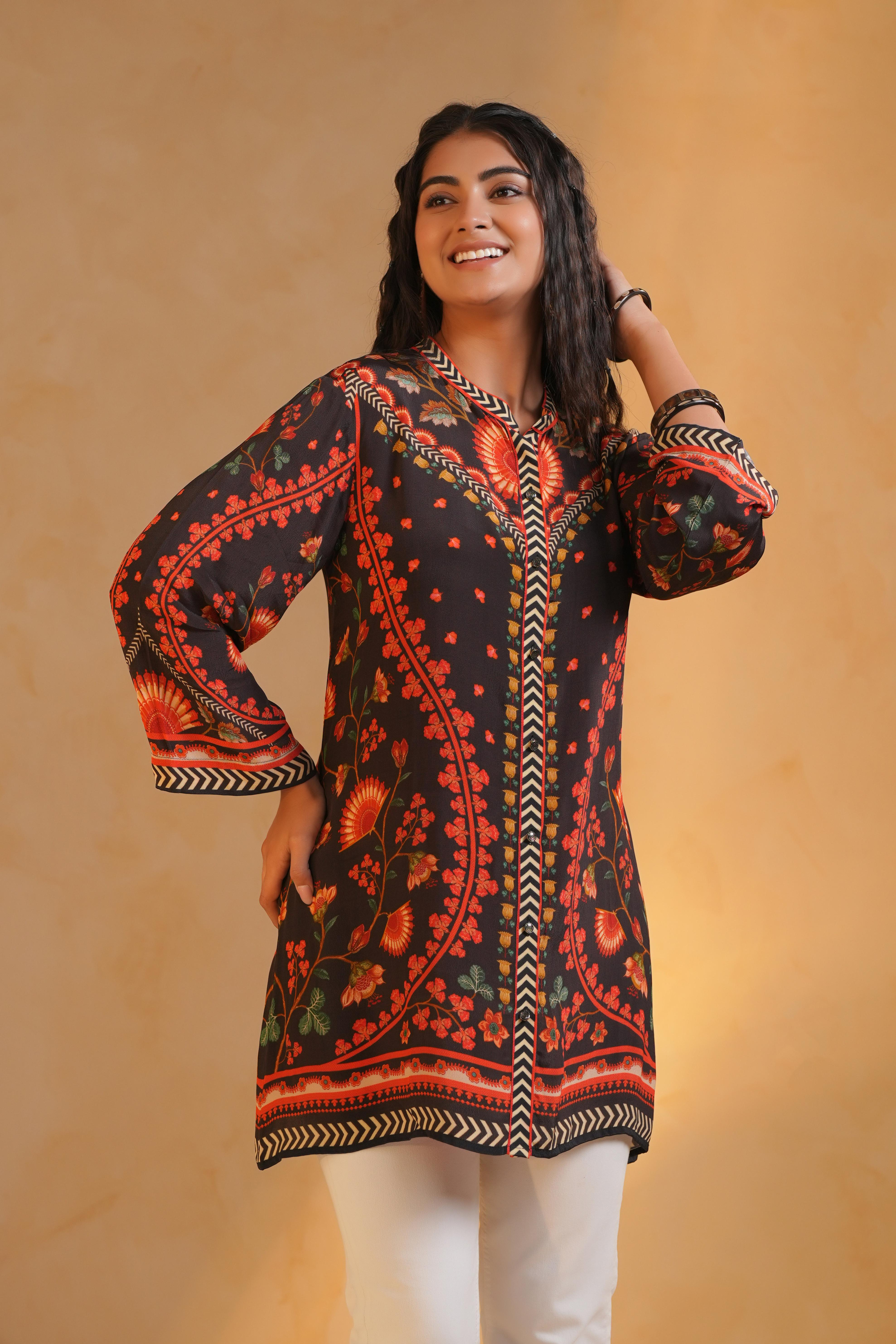 Black Printed Viscose Crepe Top