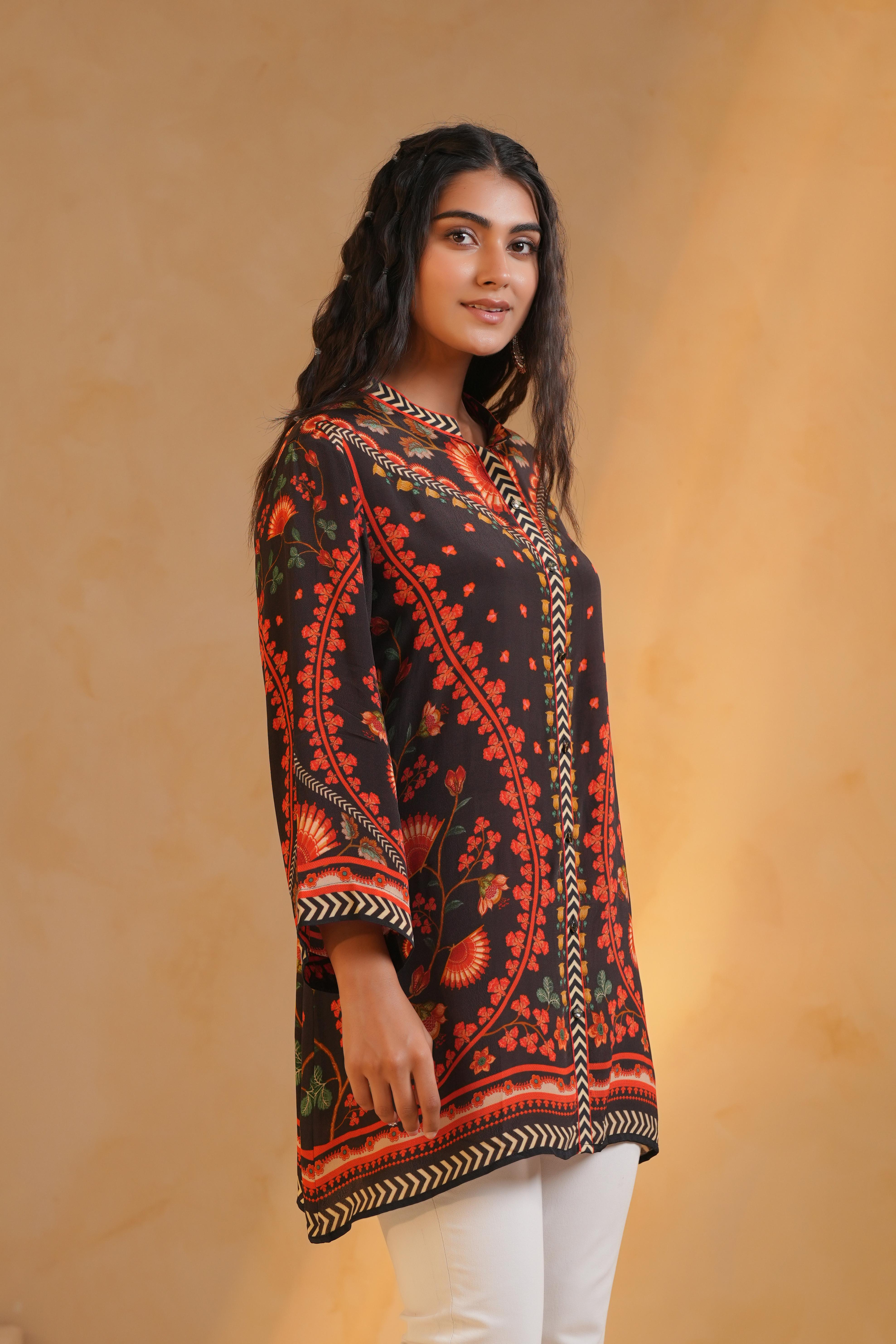 Black Printed Viscose Crepe Top