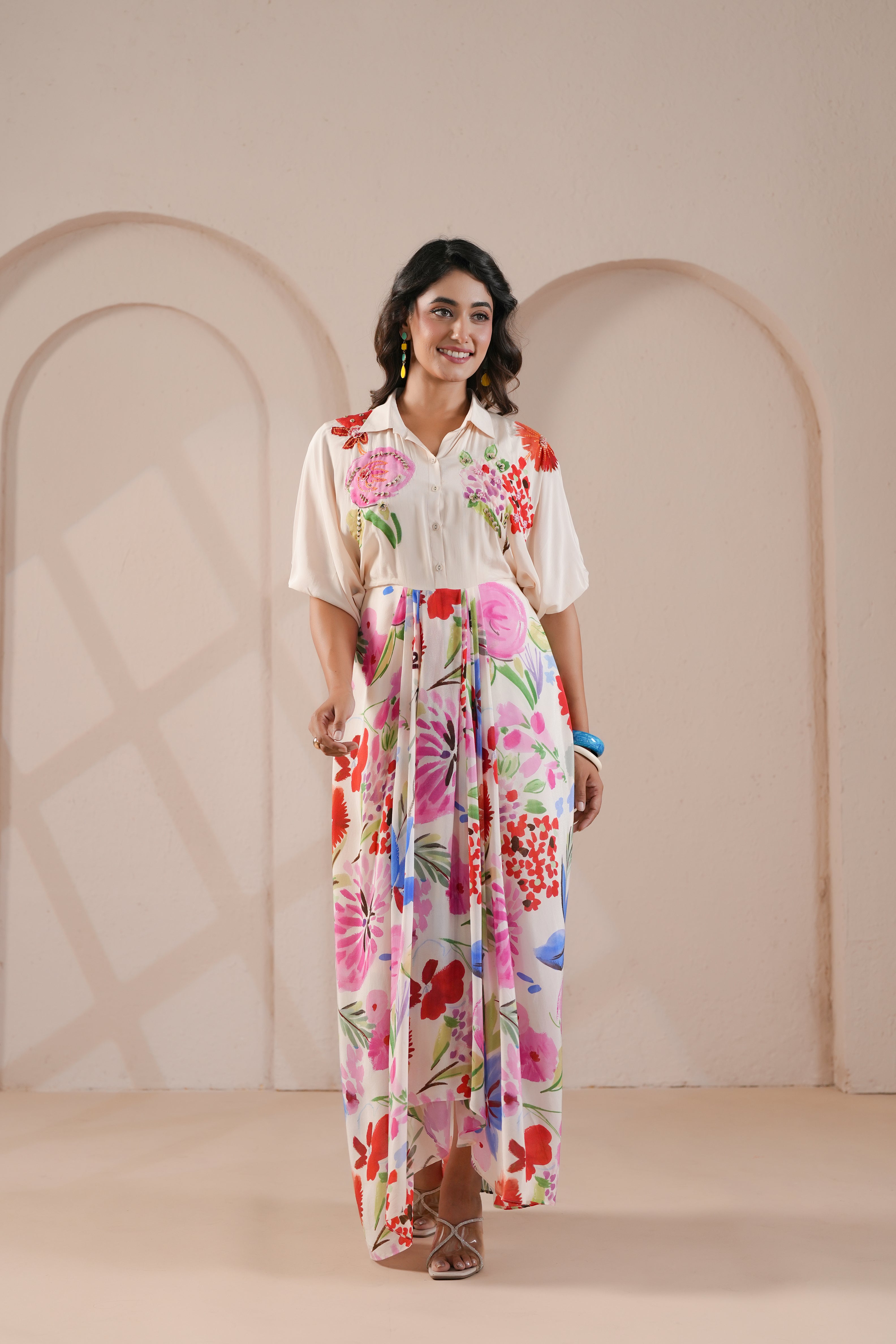 Floral Printed Viscose Crepe Silk Dress