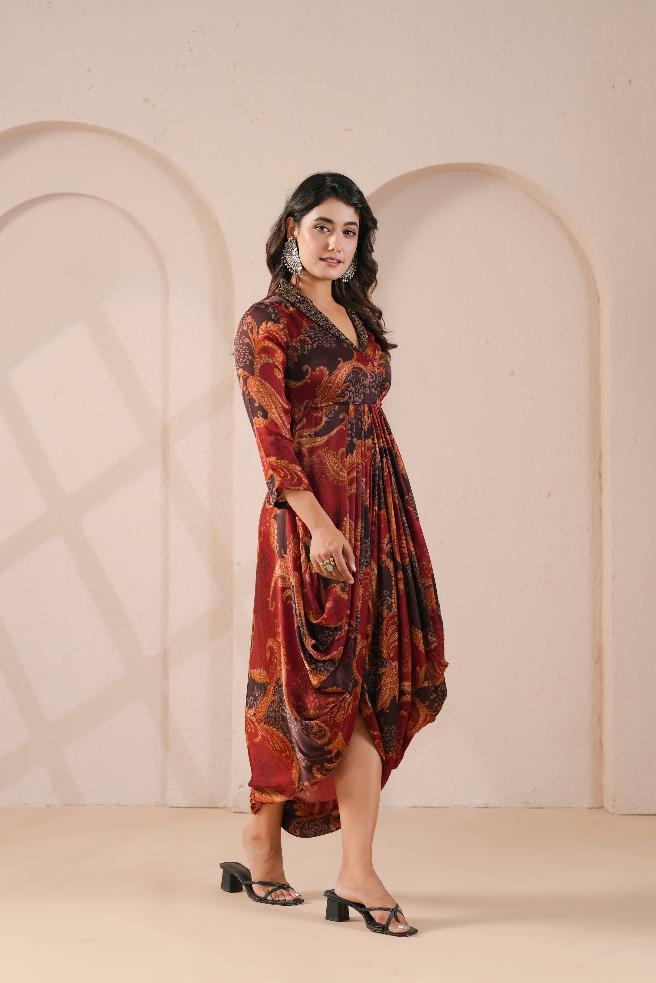 Maroon Paisley Printed Modal Silk Dress