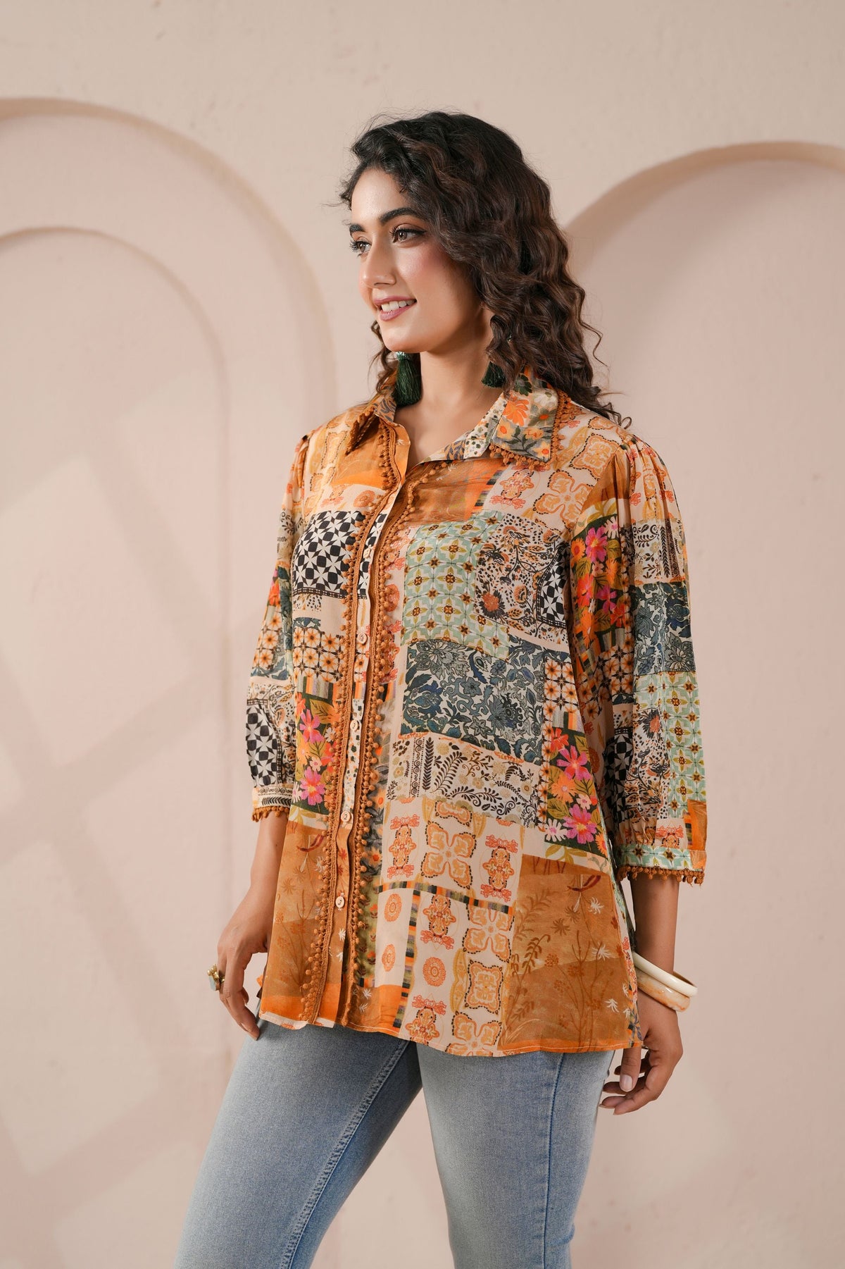 Orange Rust Printed Crepe Silk Shirt