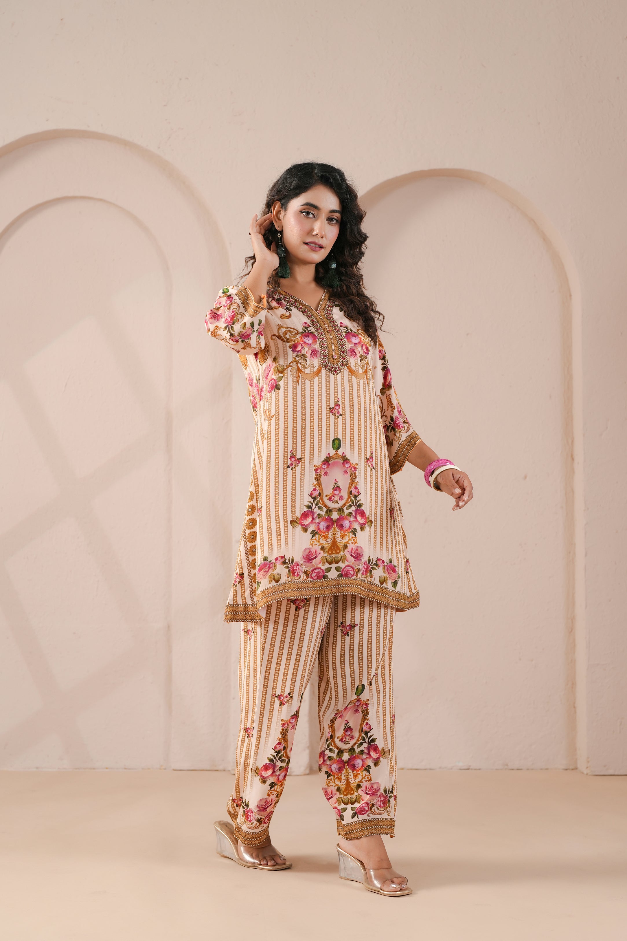 Ivory Rose Printed Crepe Silk Kurta Set