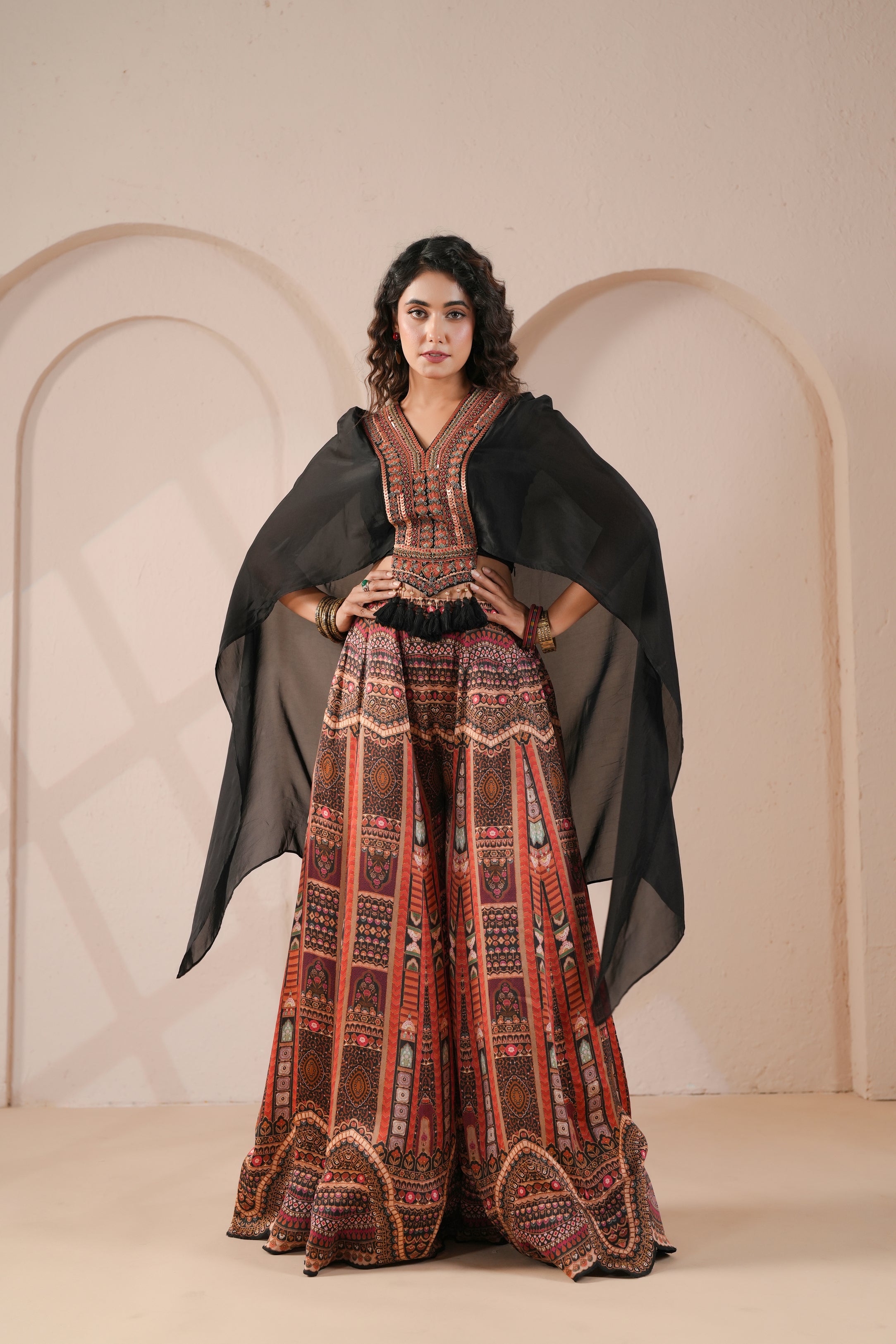 Tribal-Print Embellishede Satin Silk Cape Set