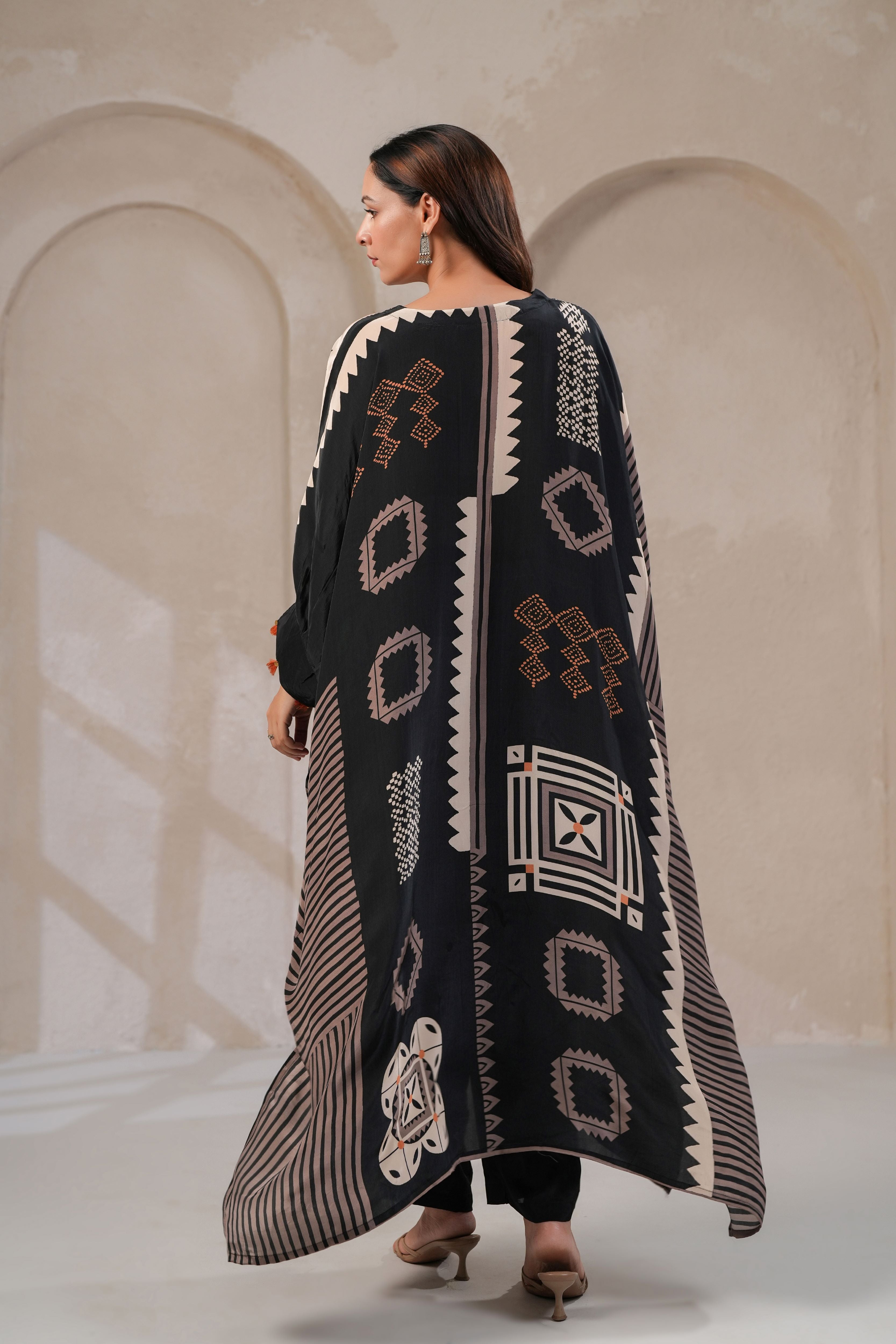 Black Boho Geometric Print Kaftan Set