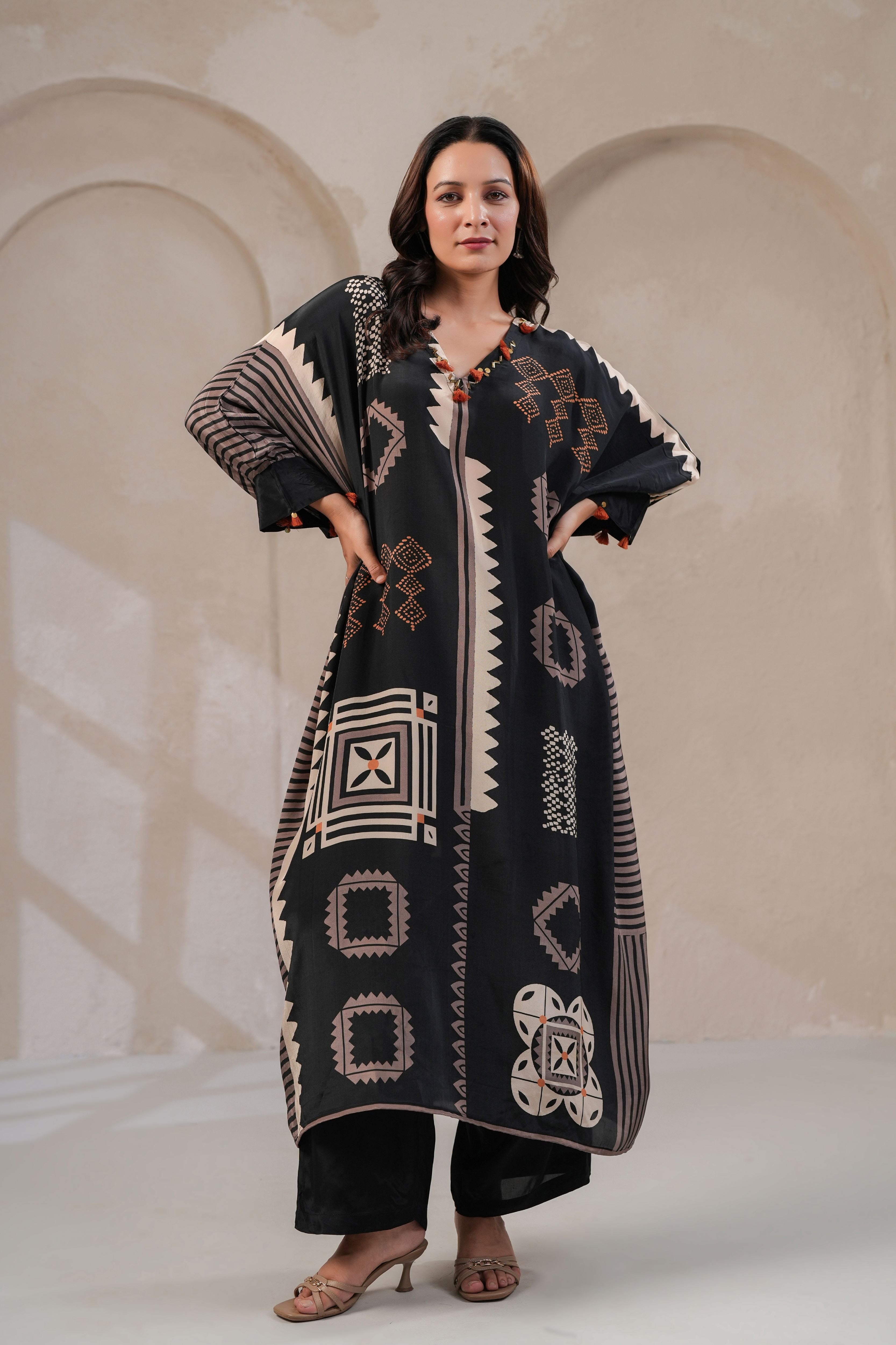 Black Boho Geometric Print Kaftan Set