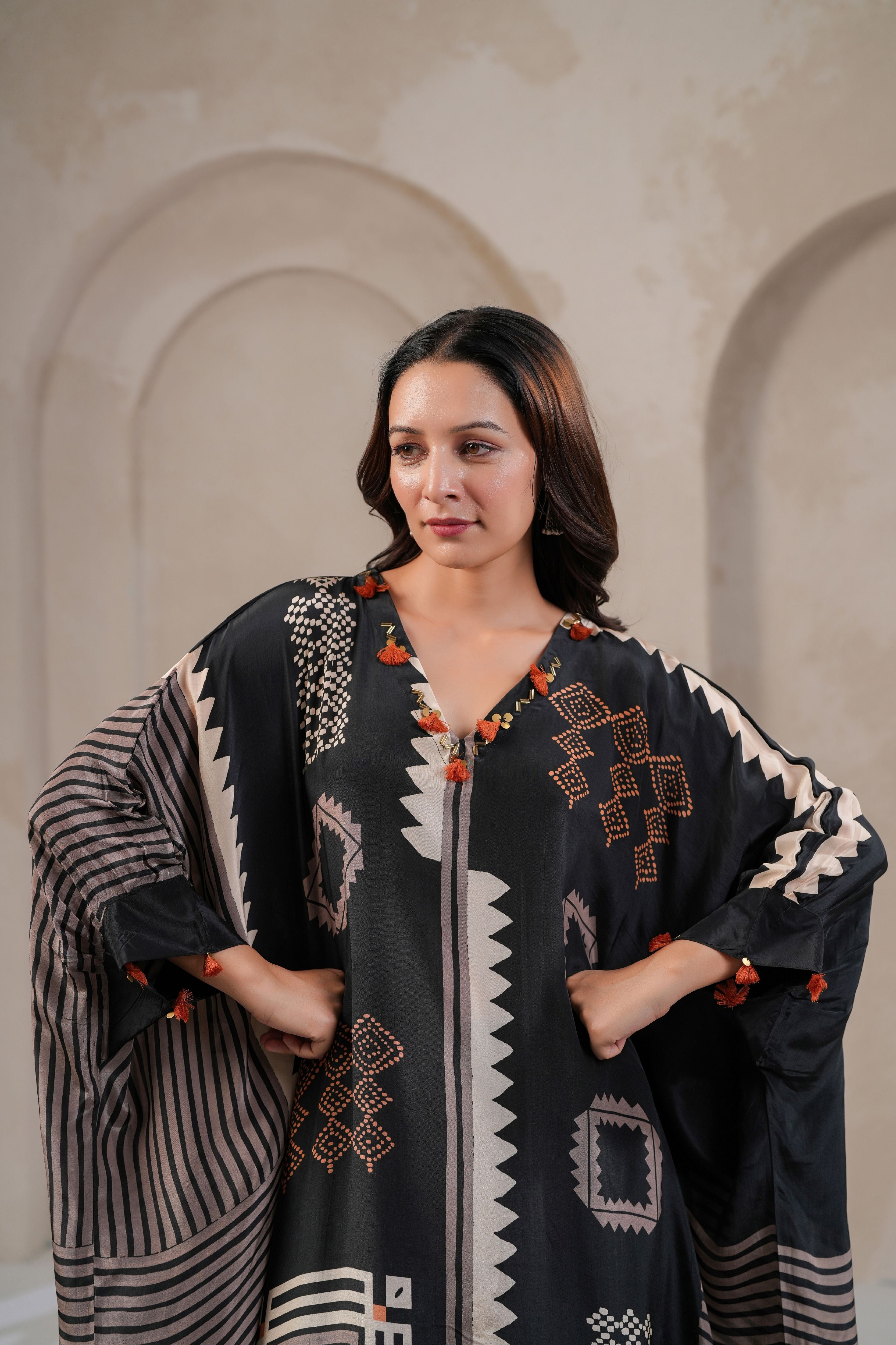 Black Boho Geometric Print Kaftan Set