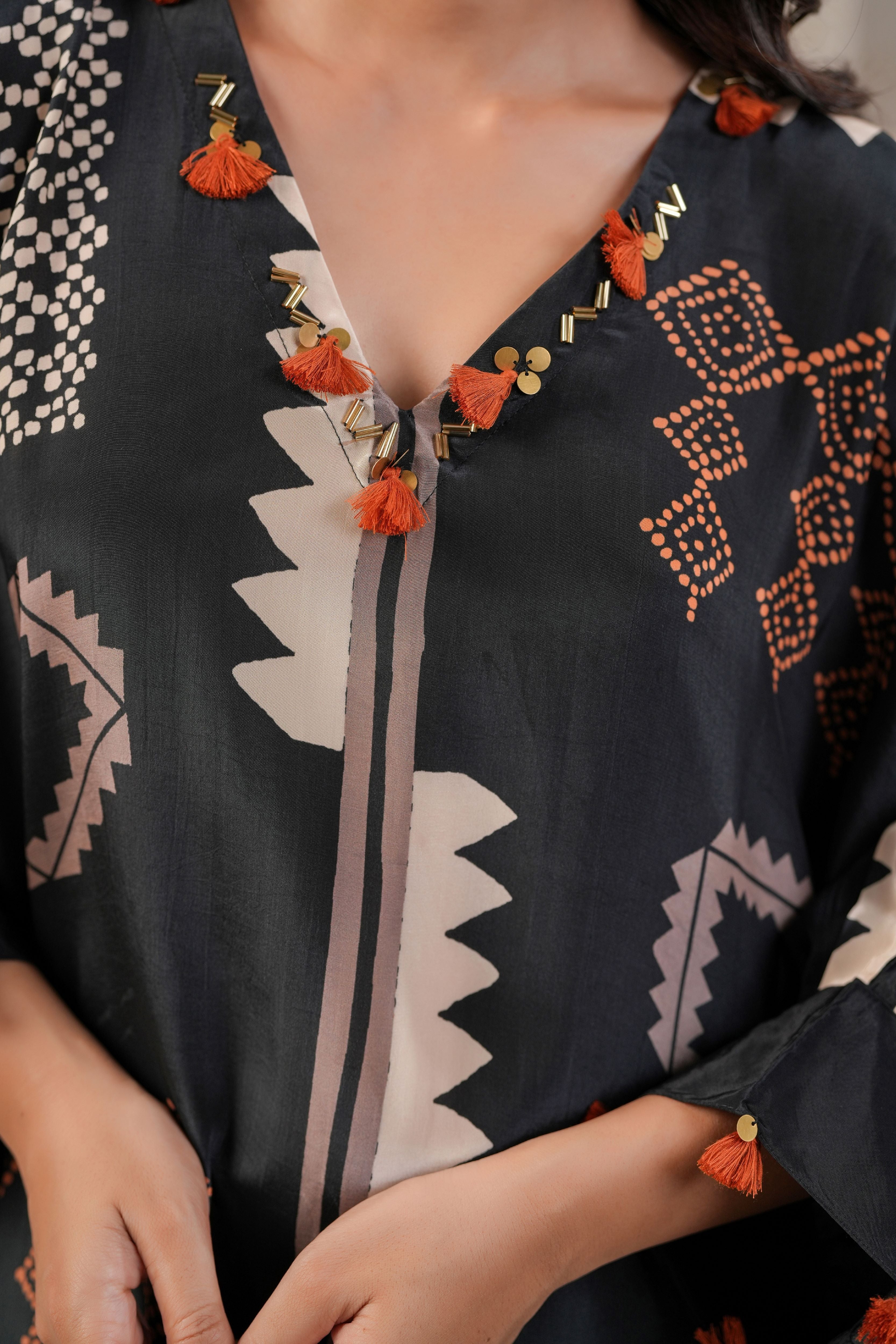 Black Boho Geometric Print Kaftan Set