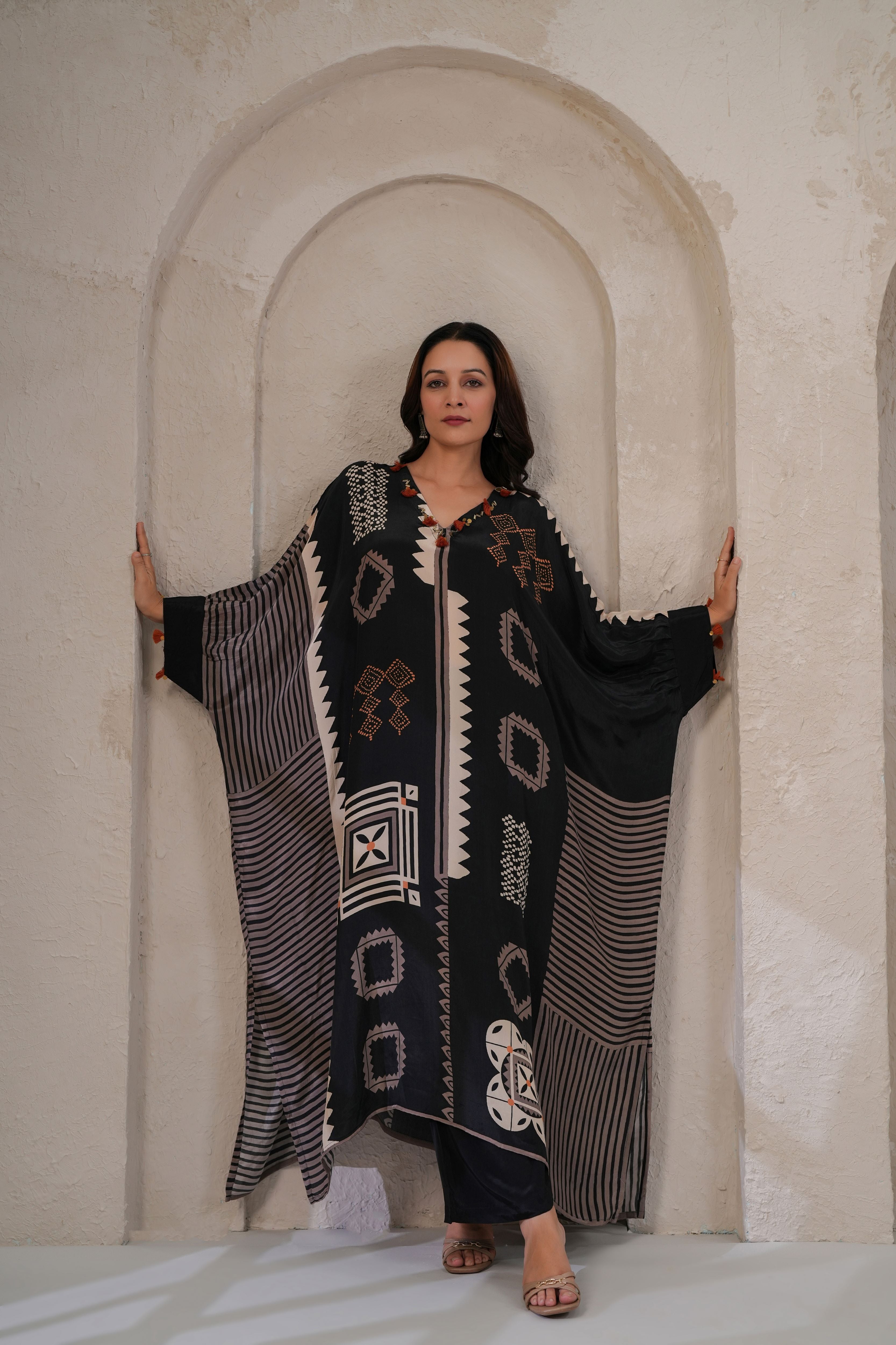 Black Boho Geometric Print Kaftan Set