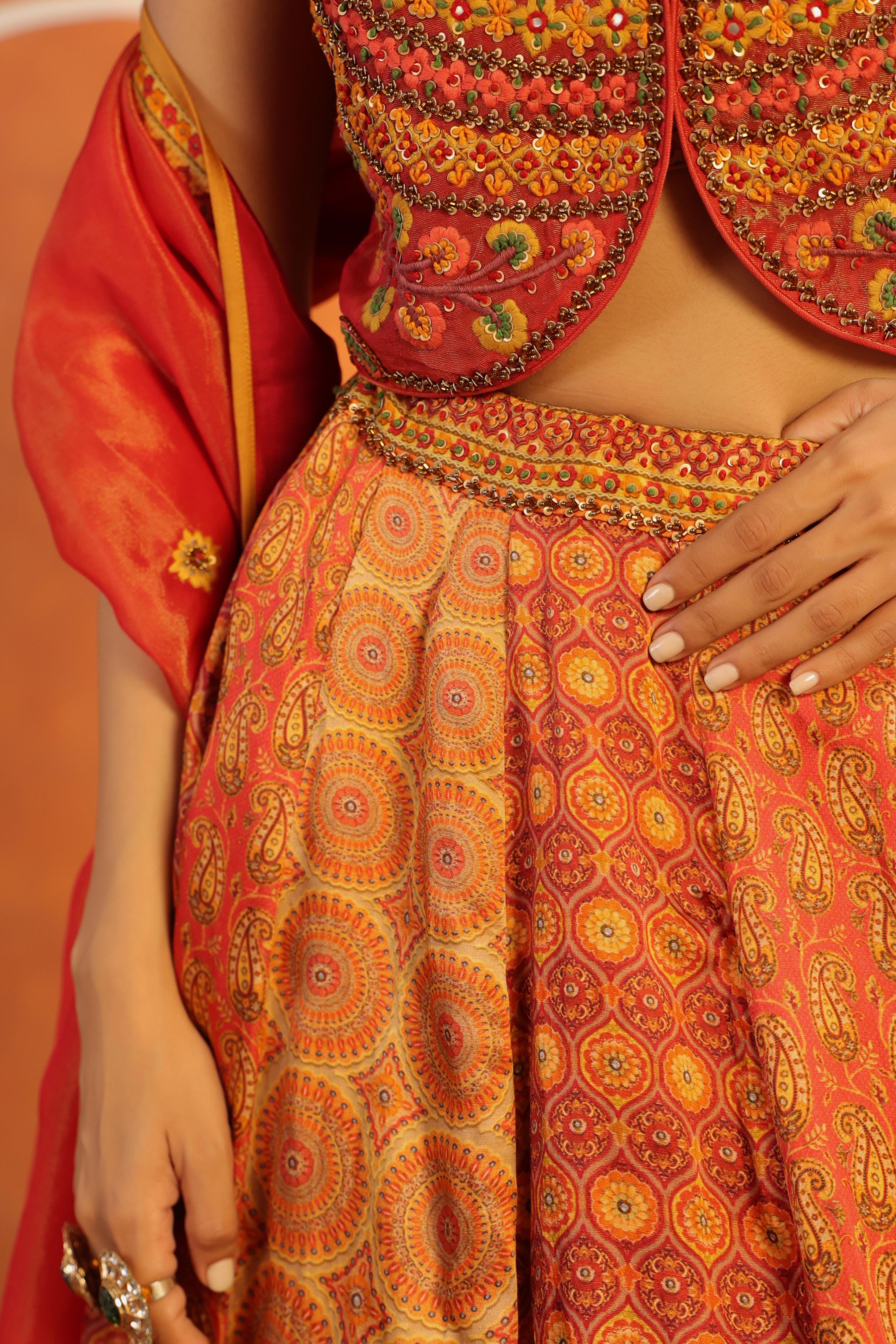 Multicolor Printed Linen Satin Silk Lehenga Set