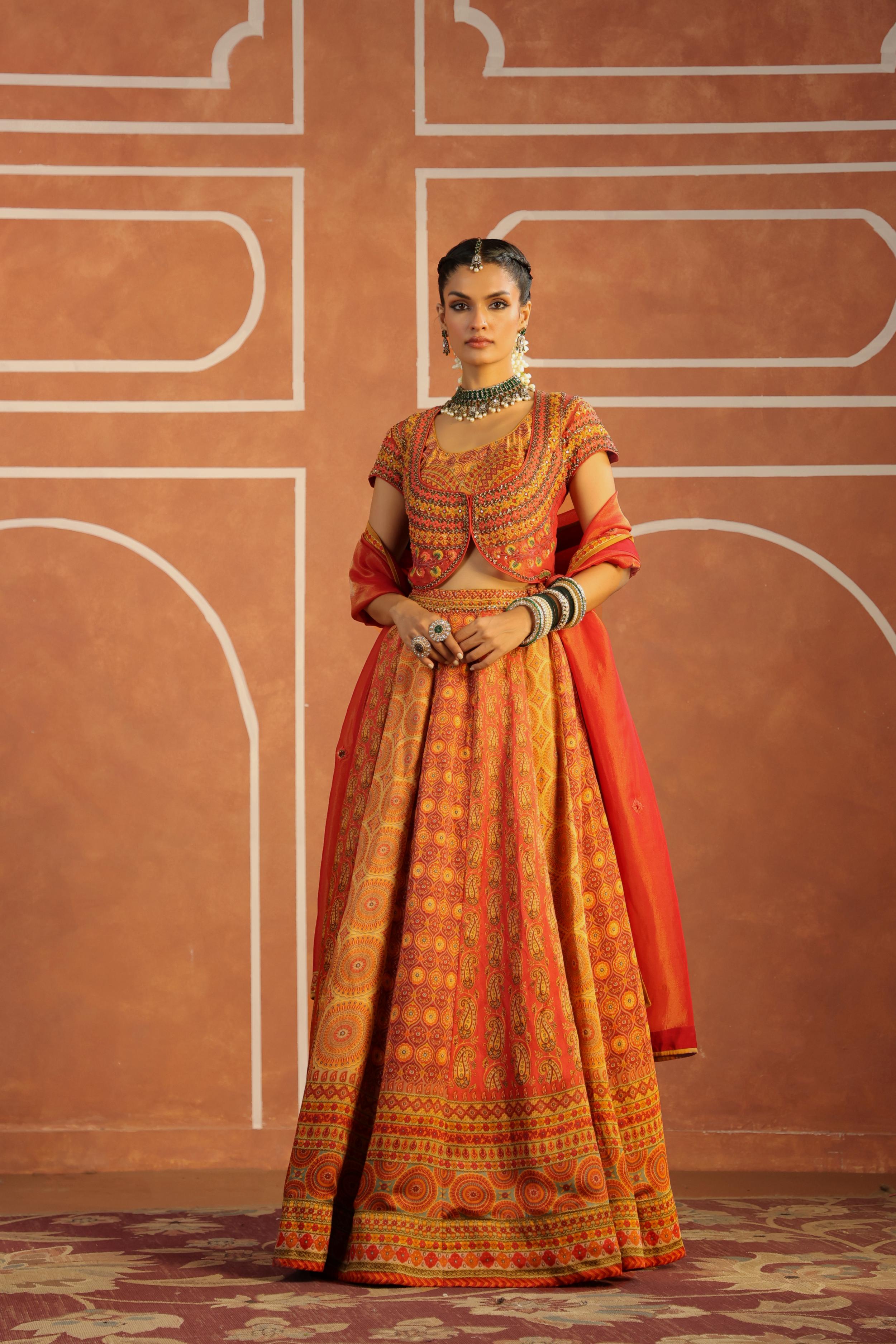 Multicolor Printed Linen Satin Silk Lehenga Set