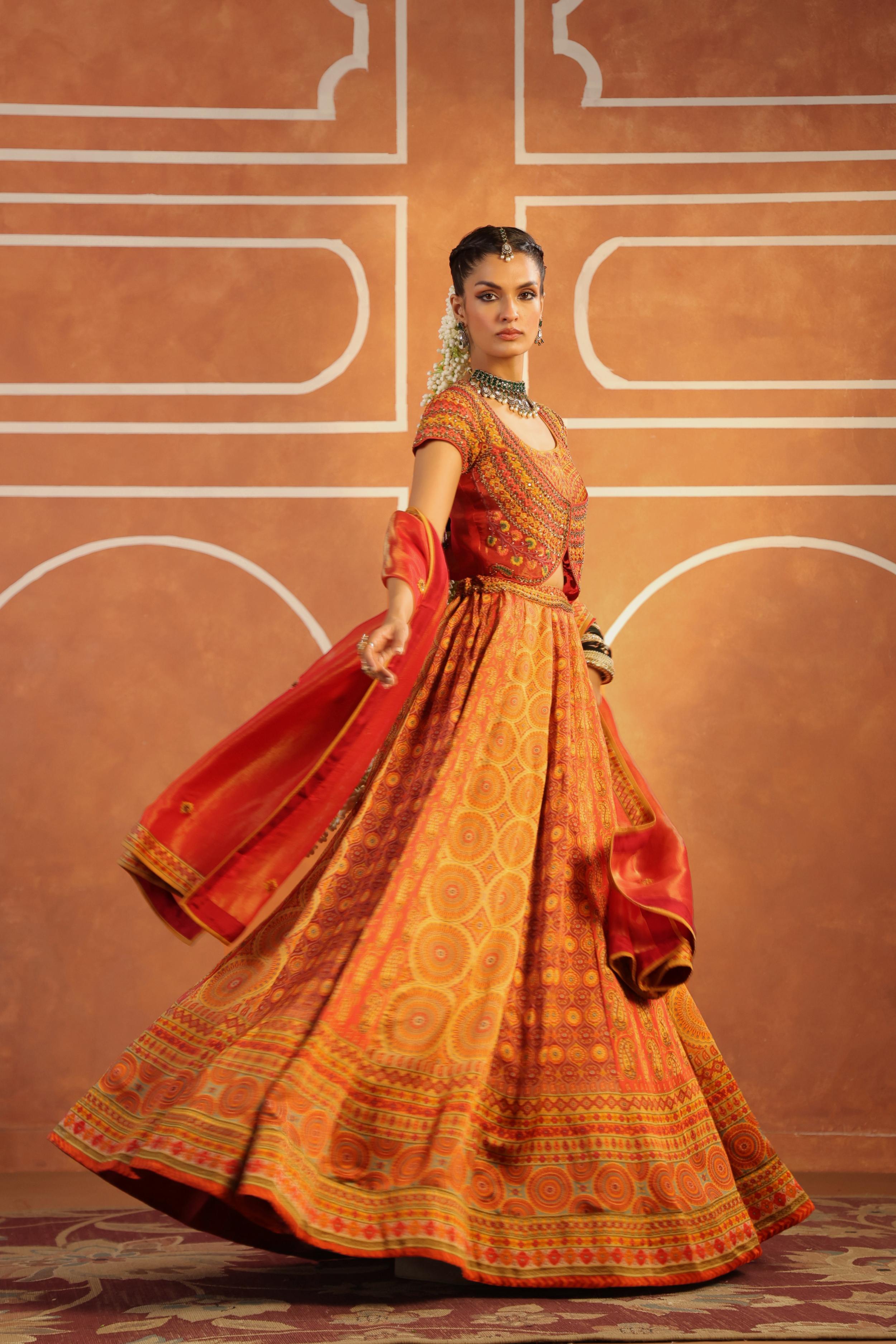 Multicolor Printed Linen Satin Silk Lehenga Set