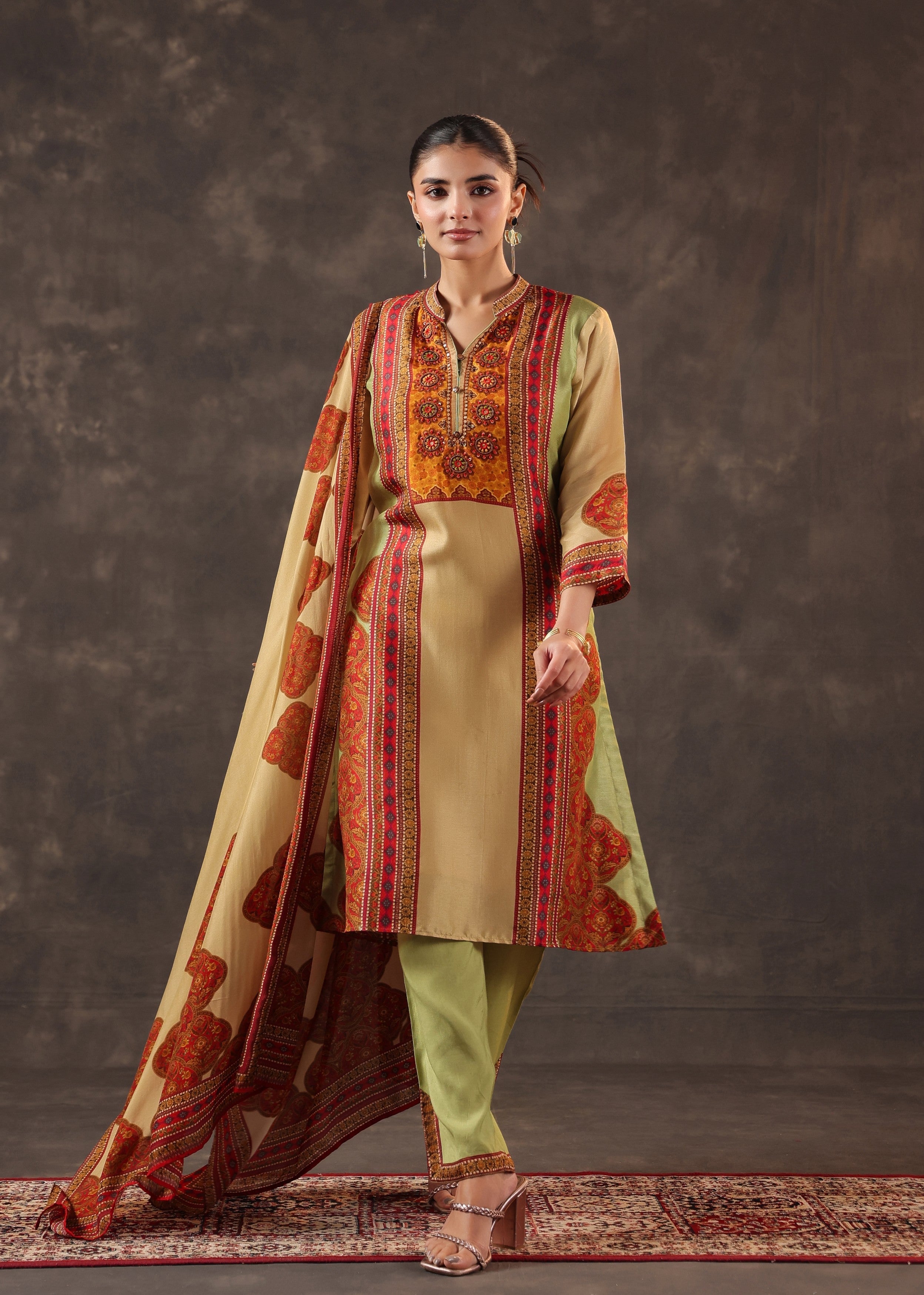 Garnet Gold Printed Premium Silk Pant Set
