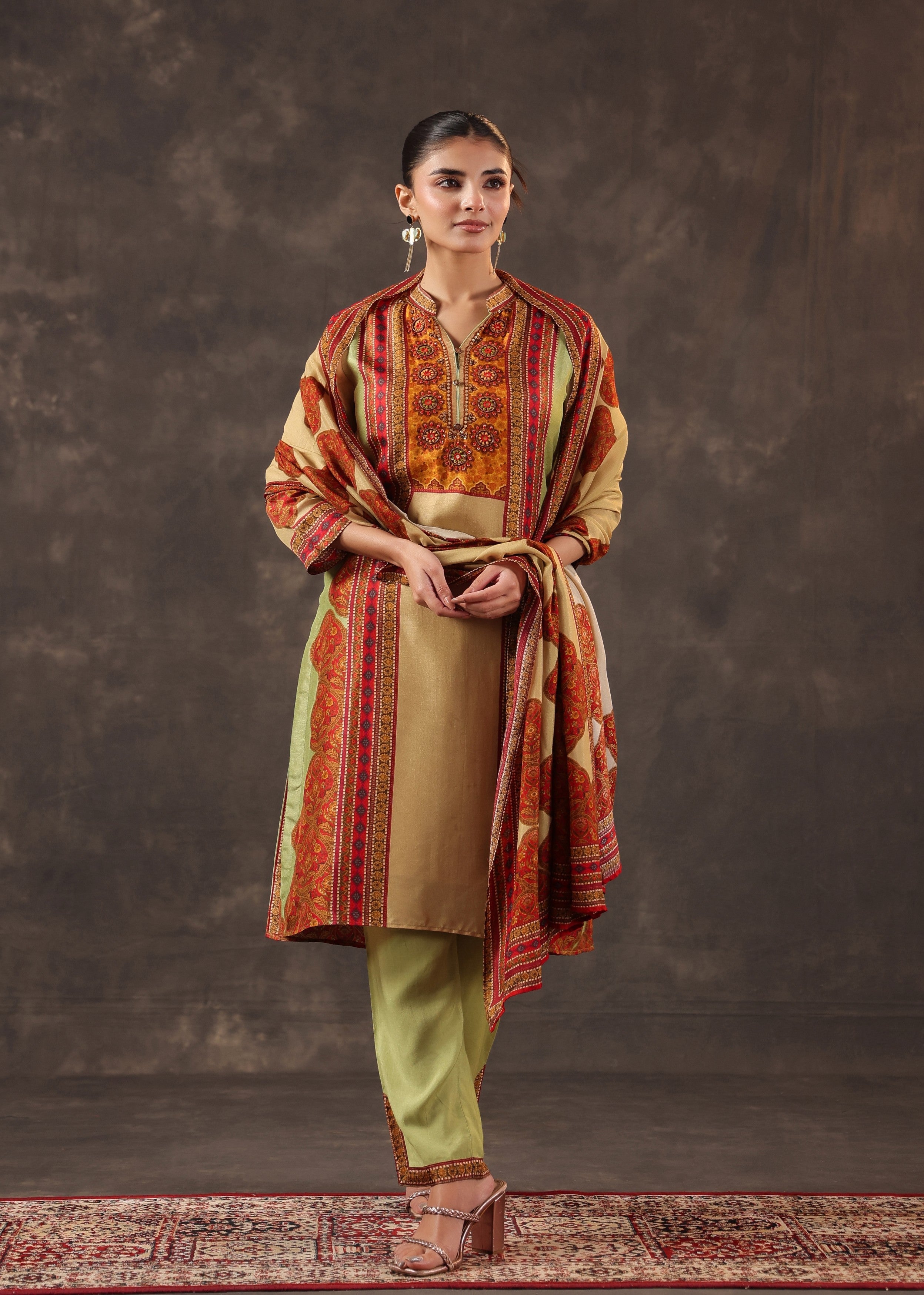 Garnet Gold Printed Premium Silk Pant Set