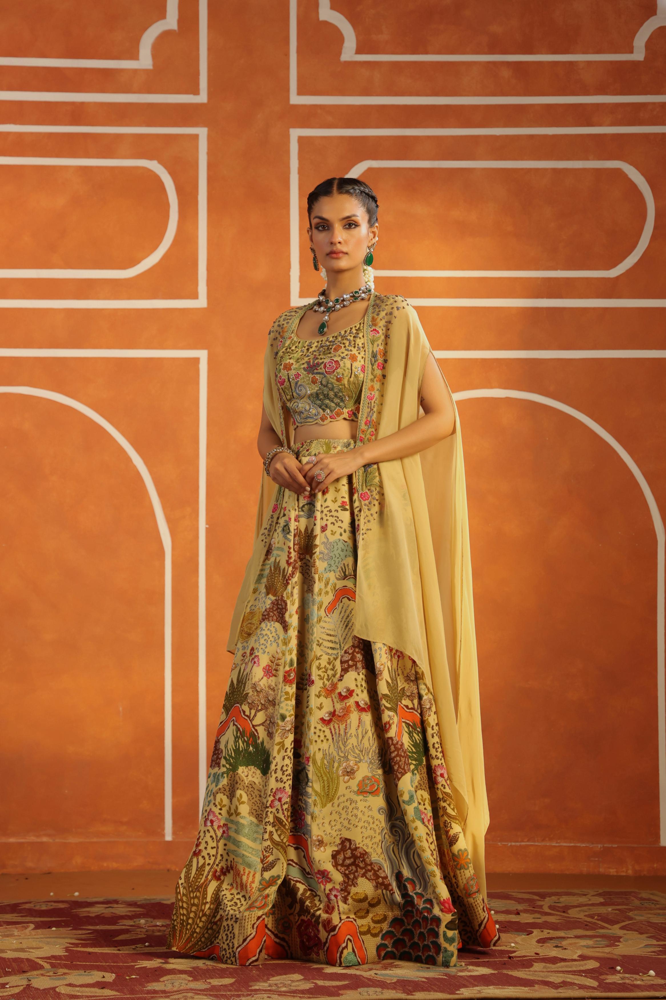 Pastel Yellow Printed Raw Silk Lehenga Cape Set