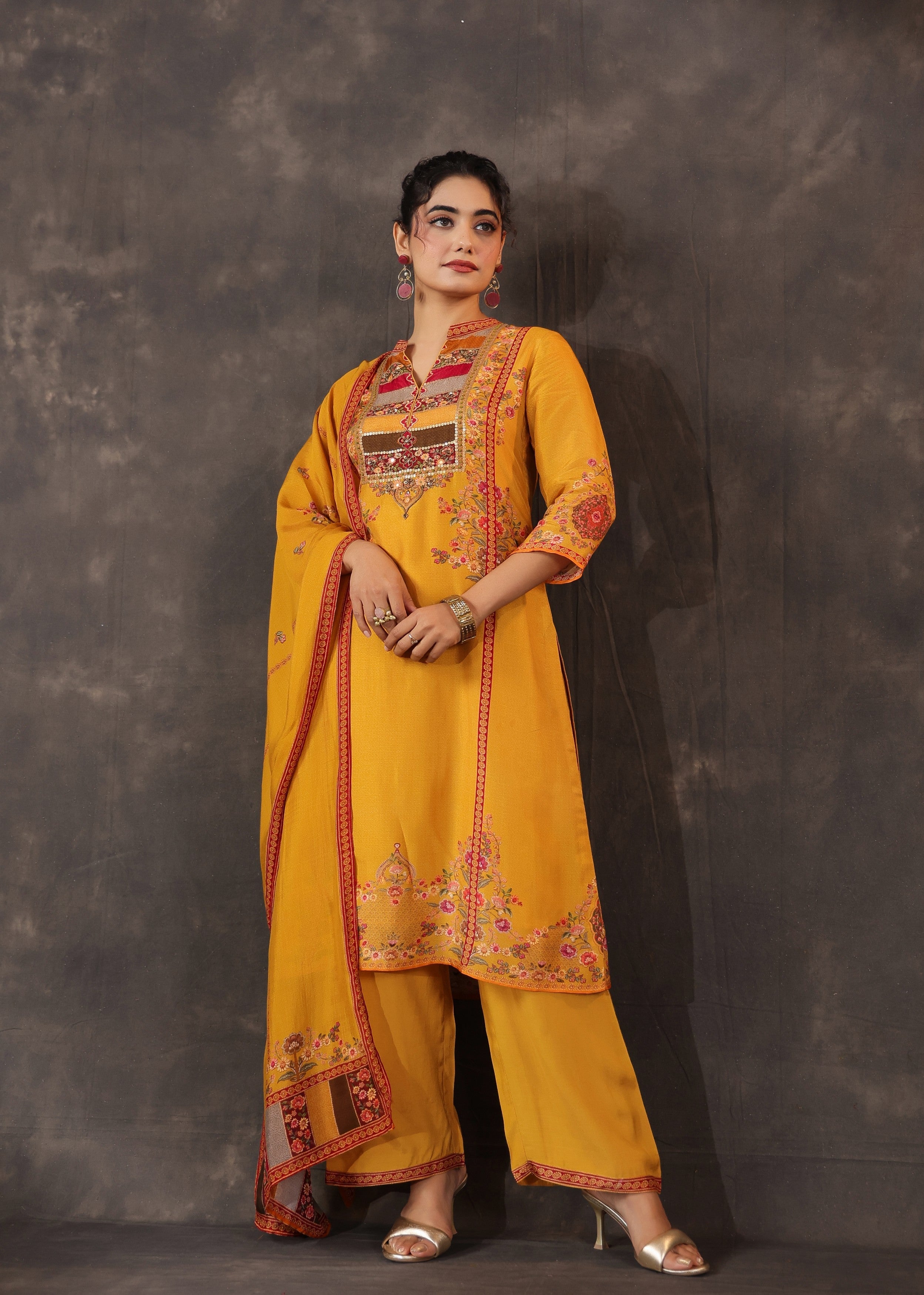 Dark Marigold Embellished Premium Silk Pant Set