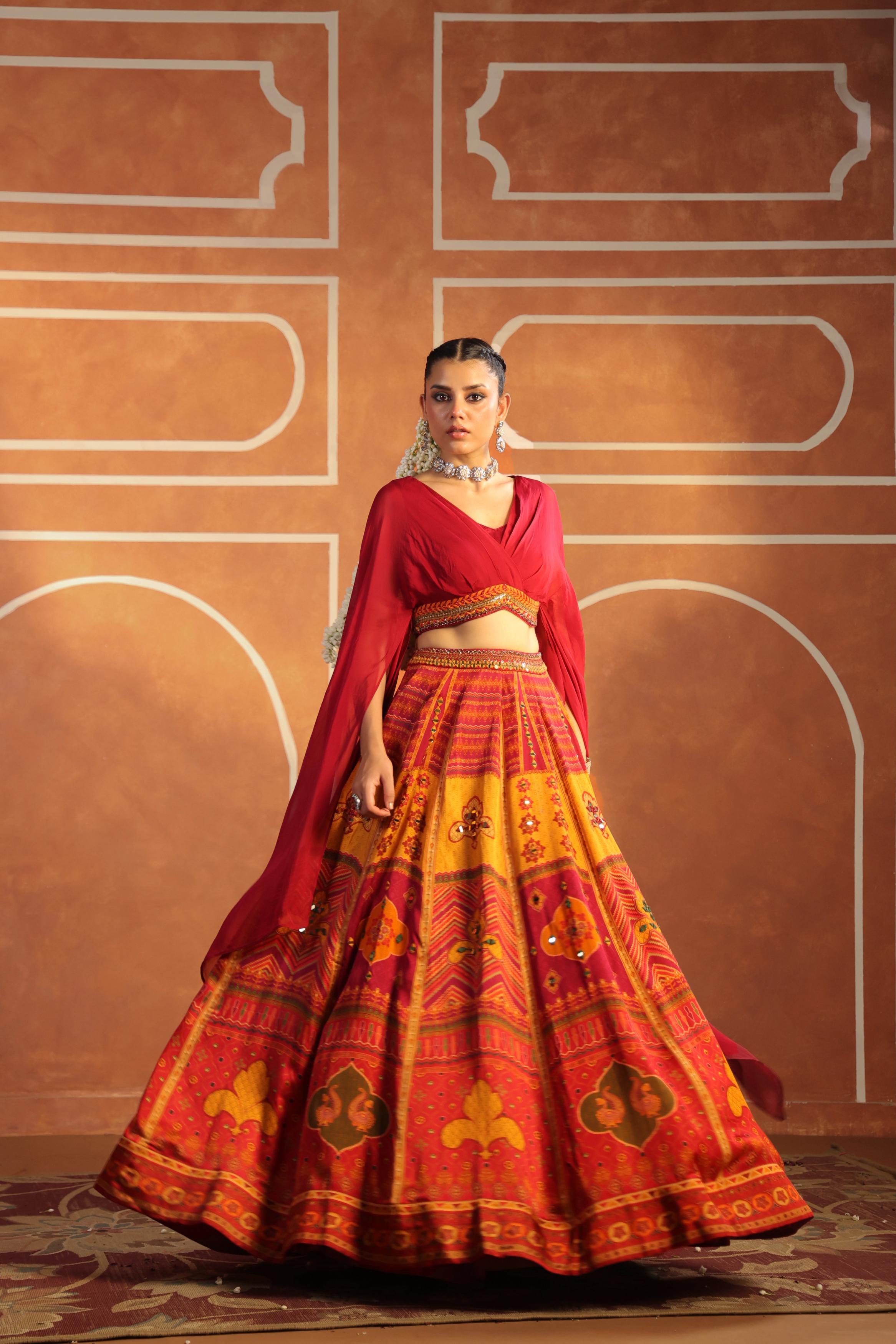 Multicolor Printed Linen Satin Silk Lehenga Set