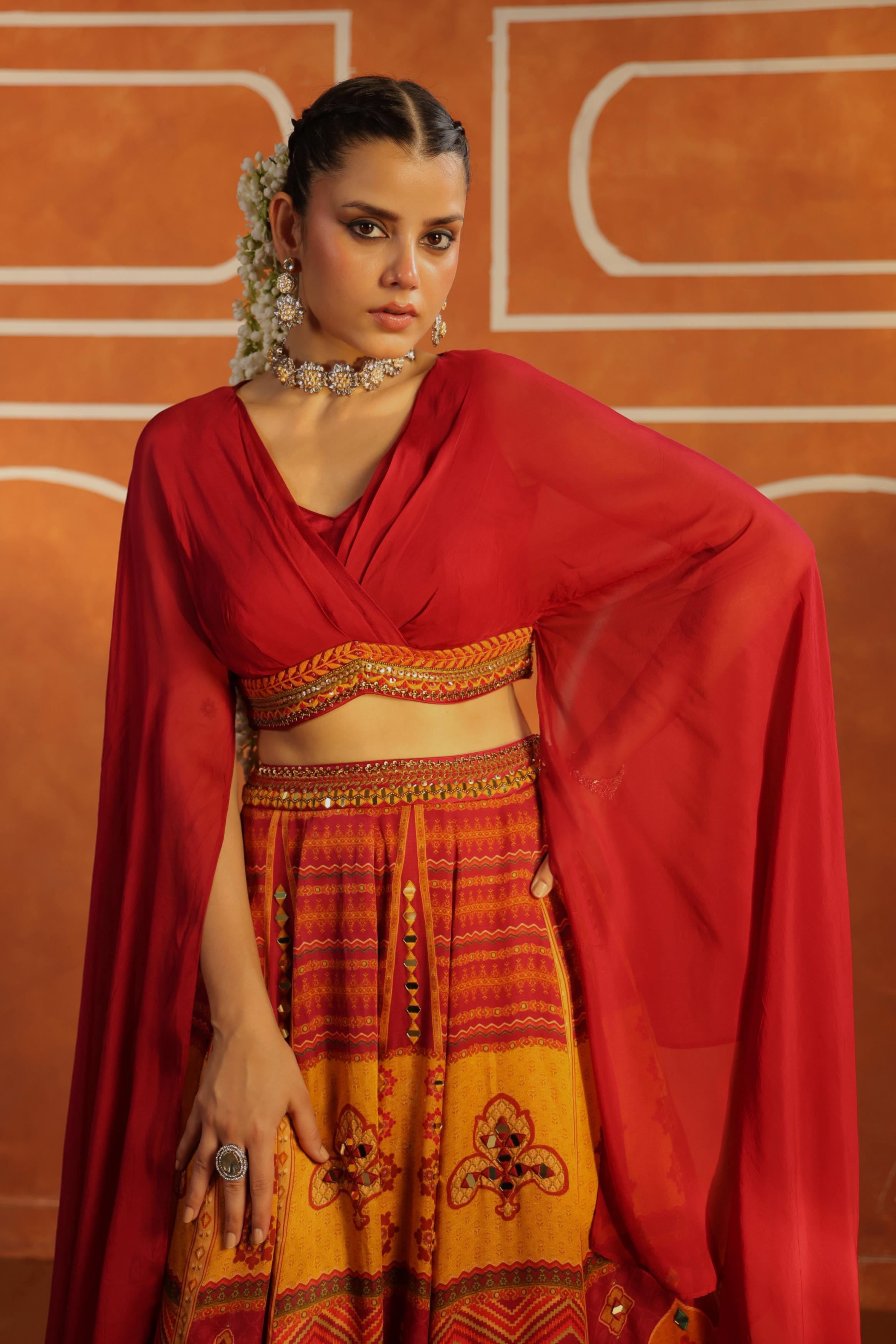 Multicolor Printed Linen Satin Silk Lehenga Set