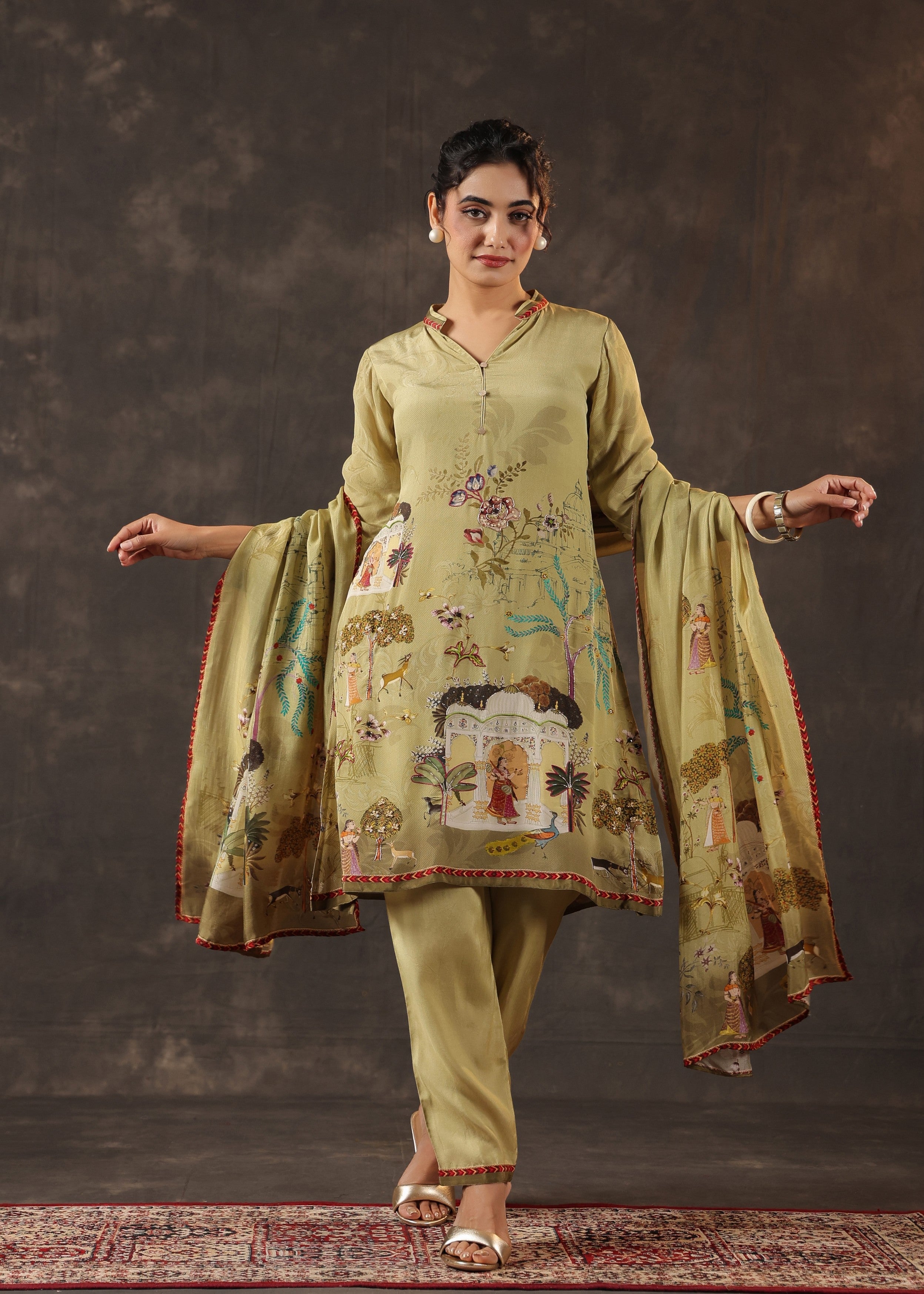 Key Lime Green Printed Crepe Silk Pant Set