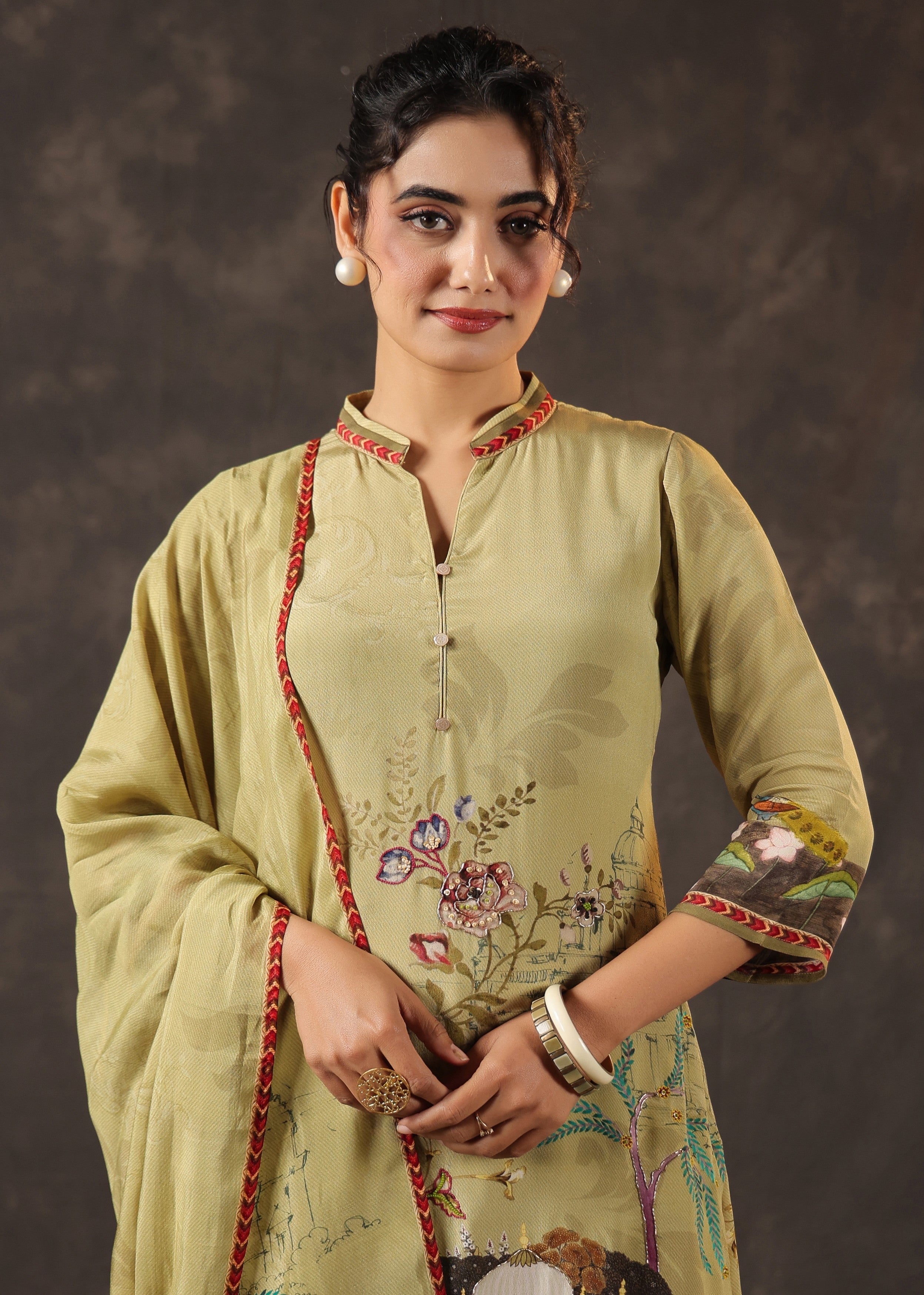 Key Lime Green Printed Crepe Silk Pant Set