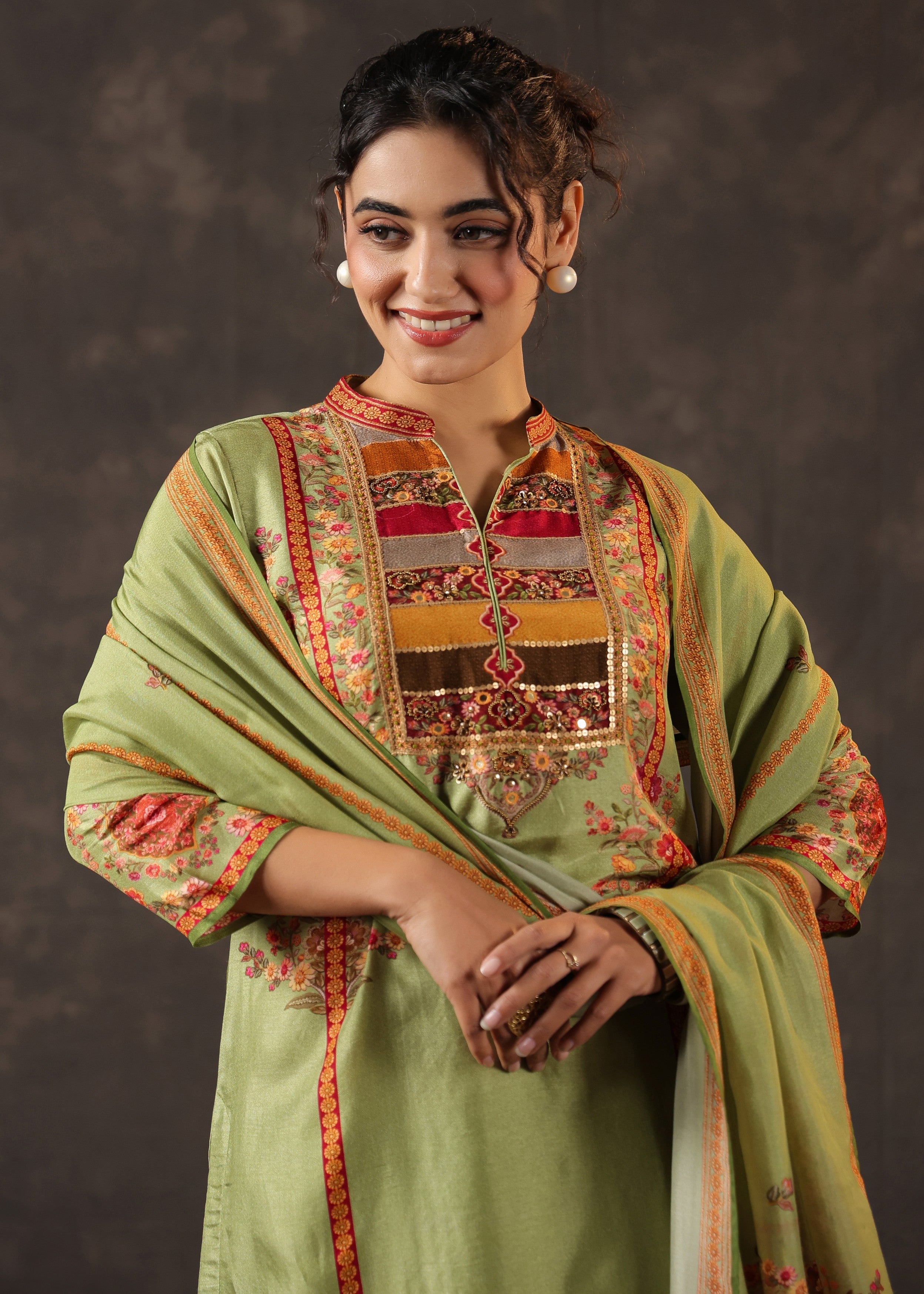 Pistachio Green Embellished Premium Silk Pant Set