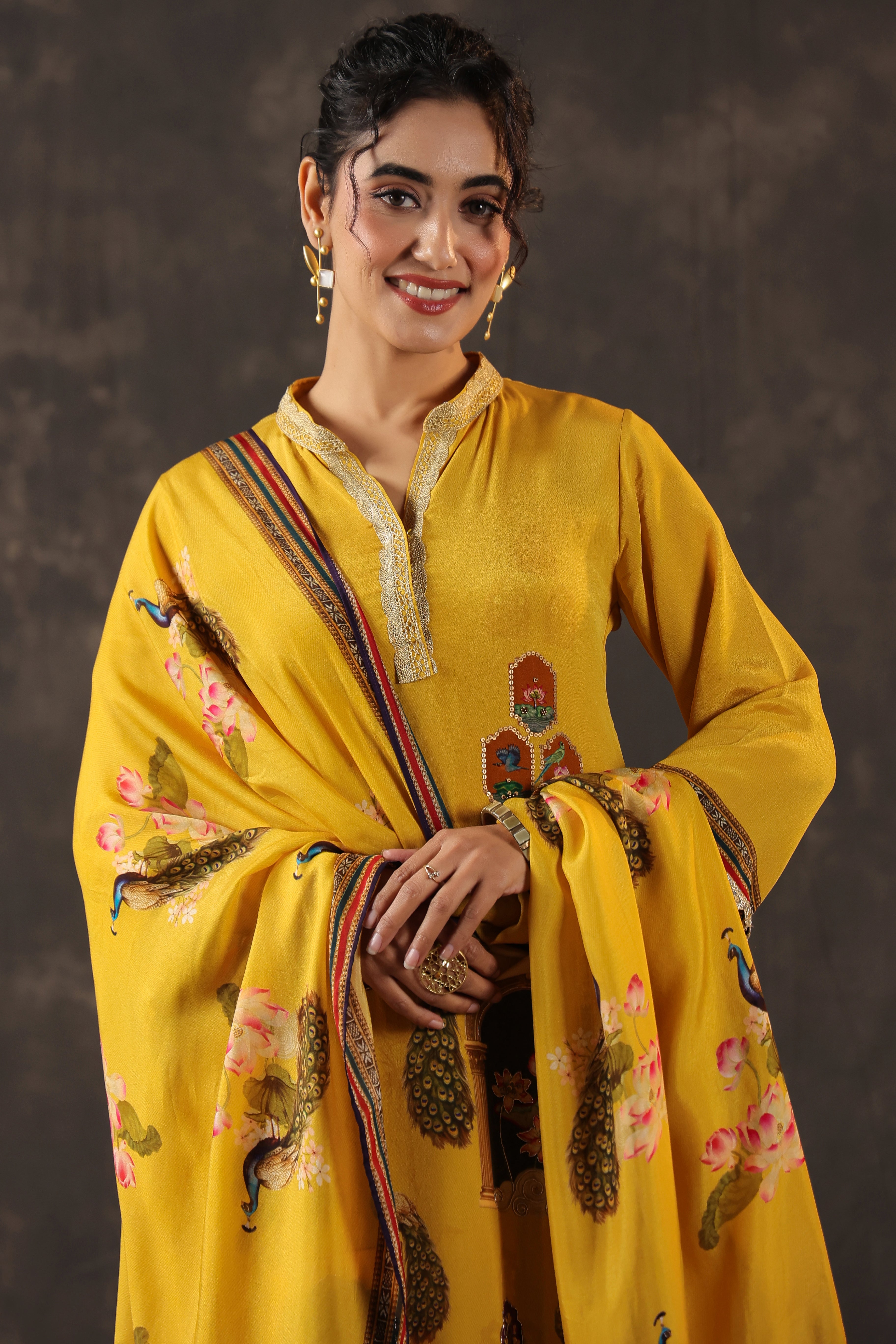 Saffron Yellow Printed Crepe Silk Pant Set