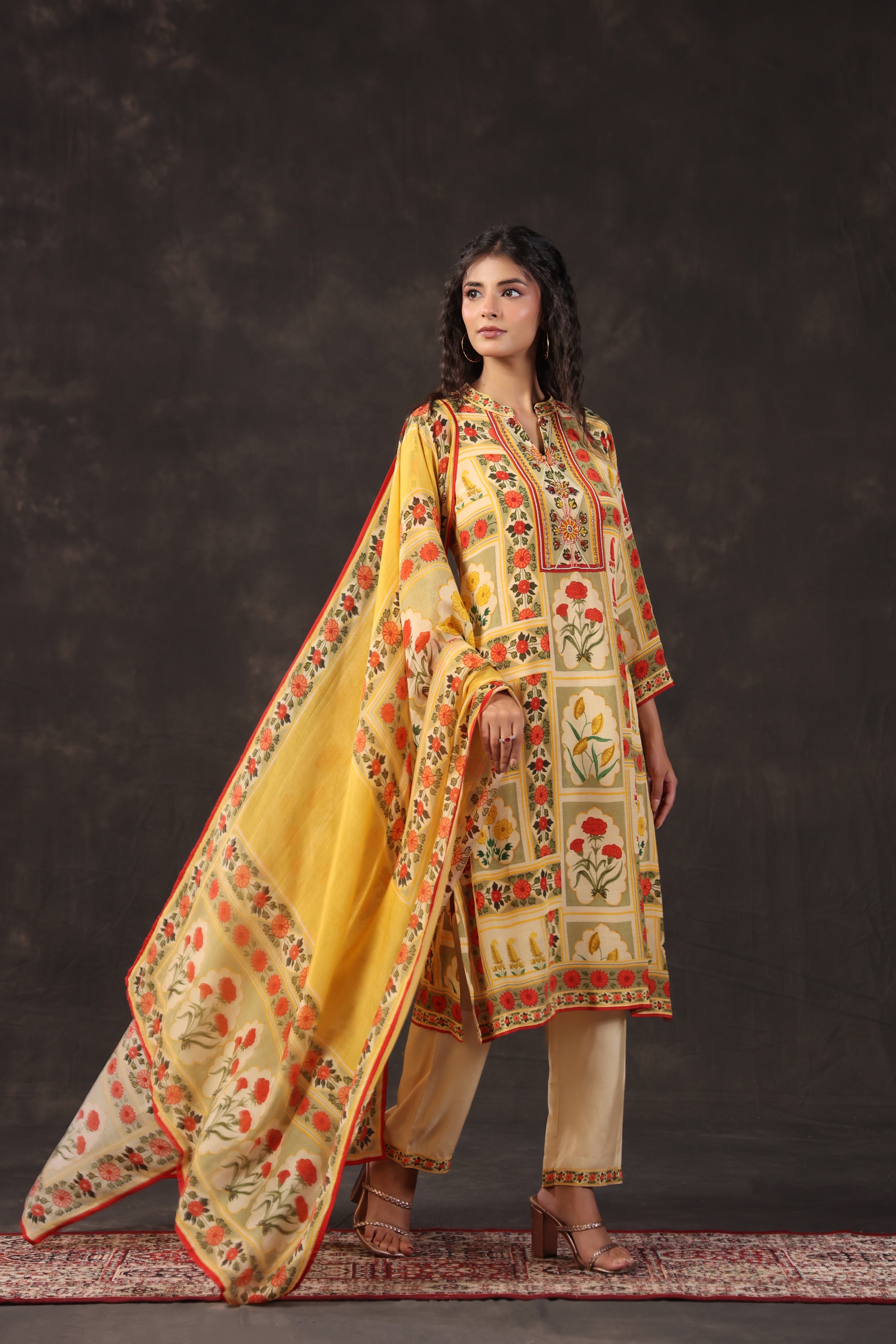 Warm Yellow Printed Crepe Silk Pant Set