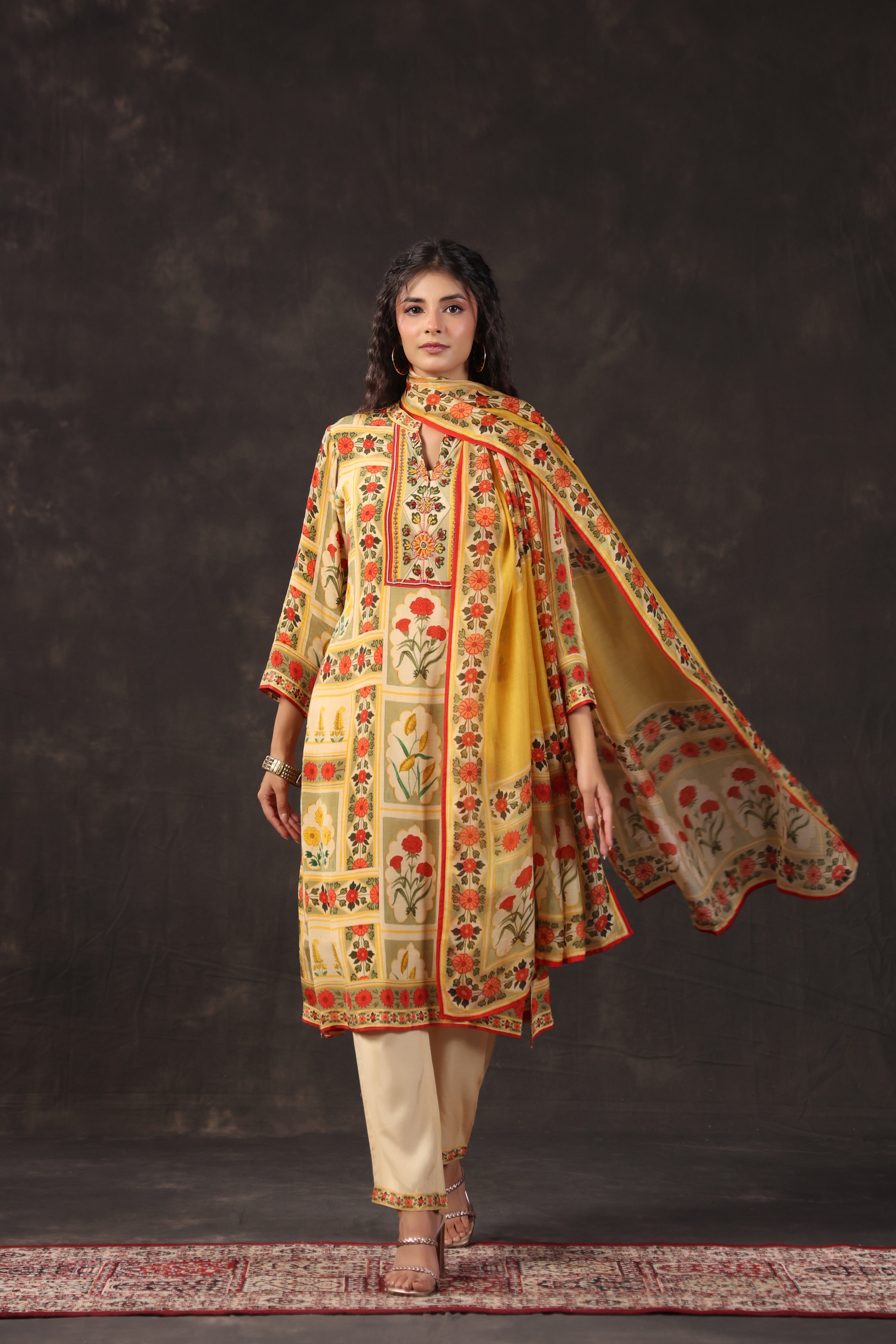Warm Yellow Printed Crepe Silk Pant Set