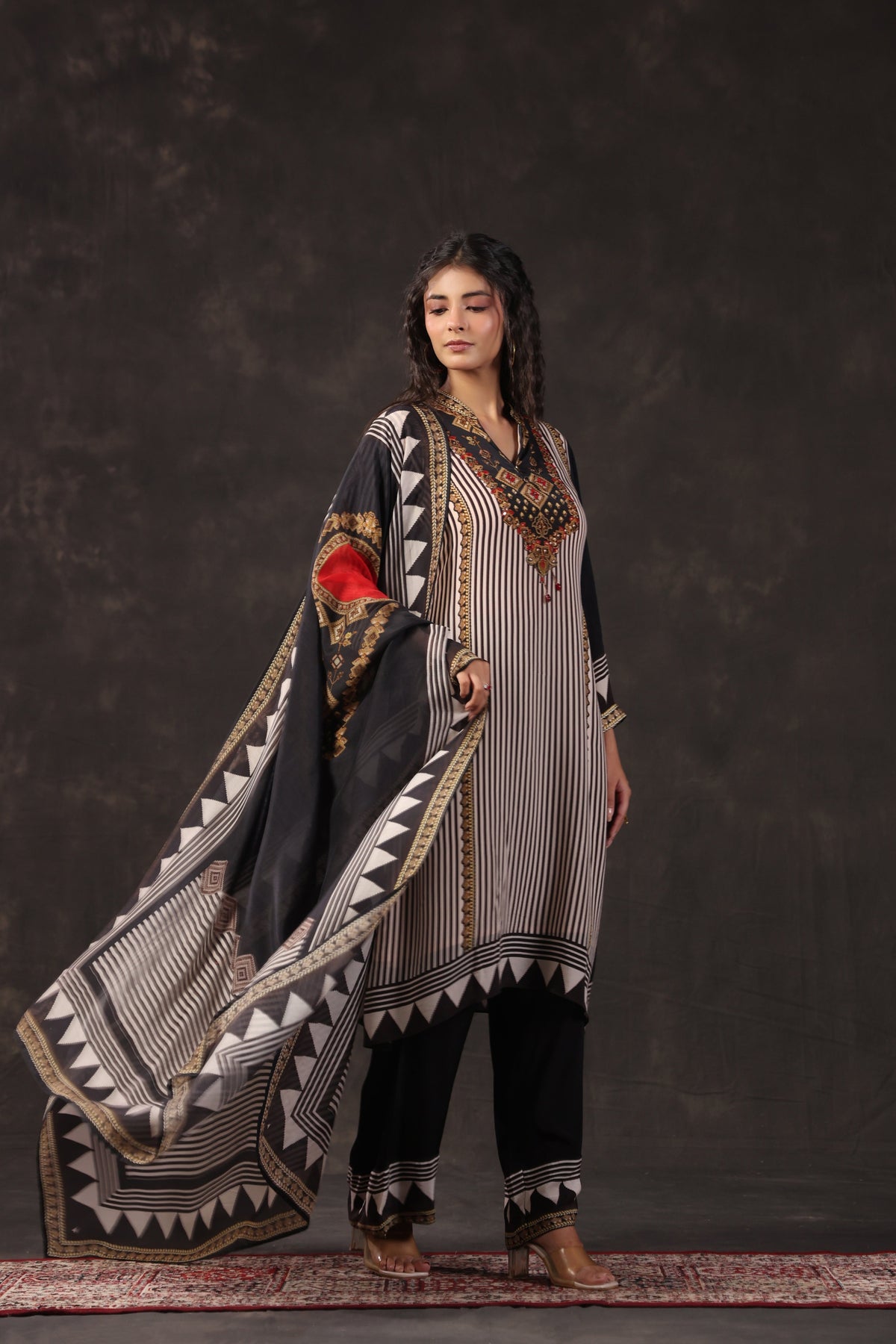 Monochrome Printed Crepe Silk Pant Set