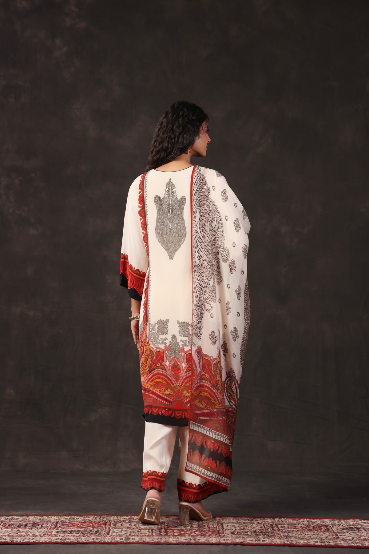 Ivory Cream Printed Crepe Silk Pant Set