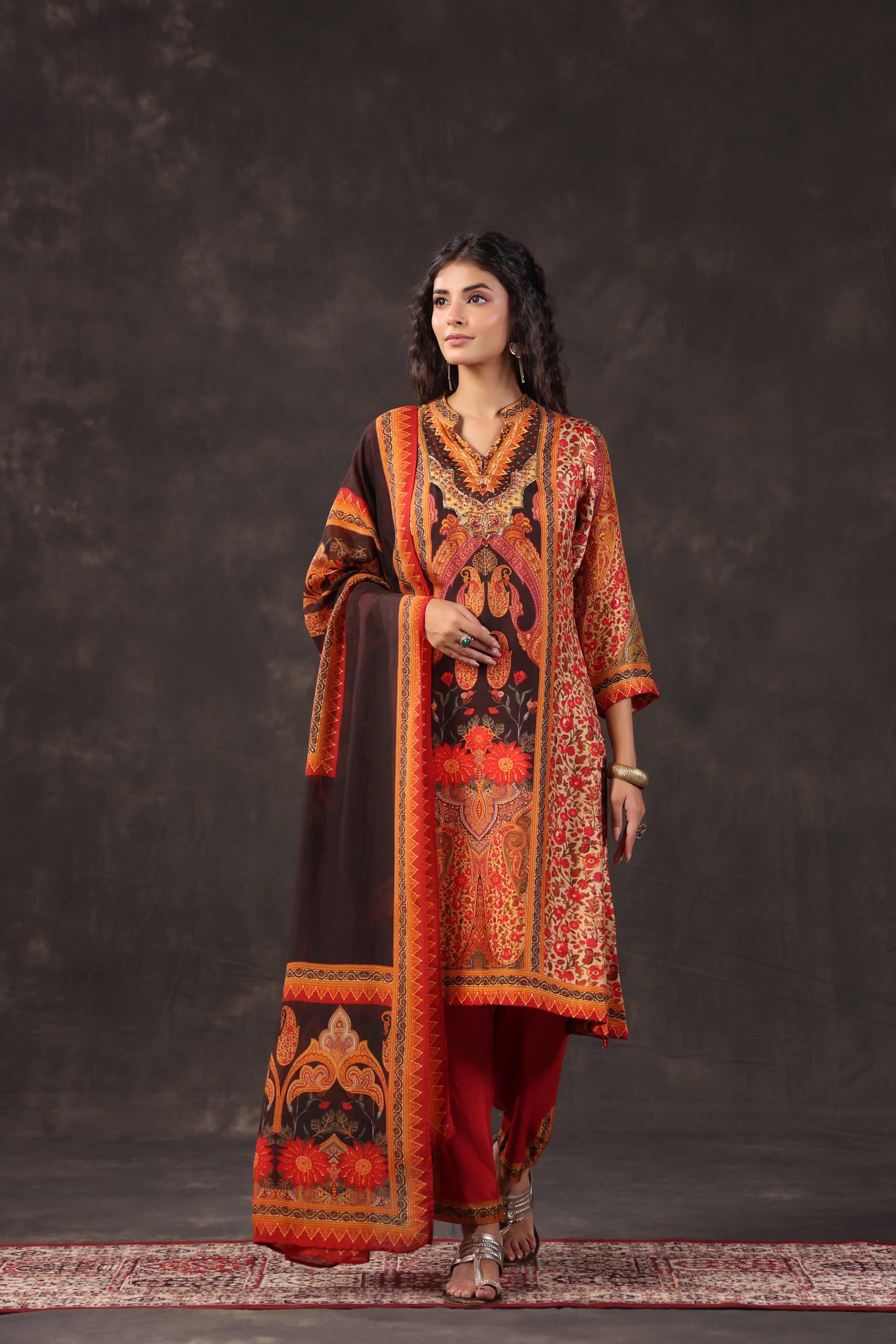 Terracotta Printed Dola Silk Pant Set