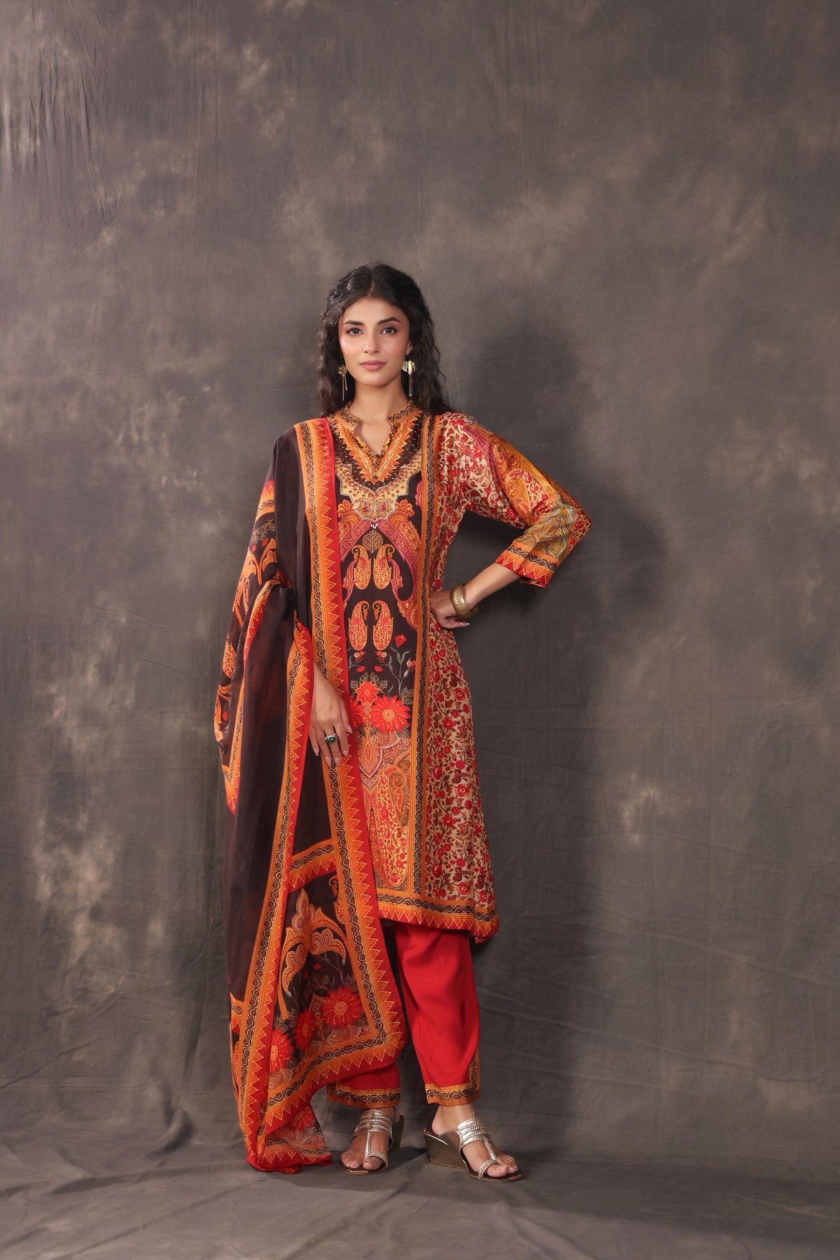 Terracotta Printed Dola Silk Pant Set