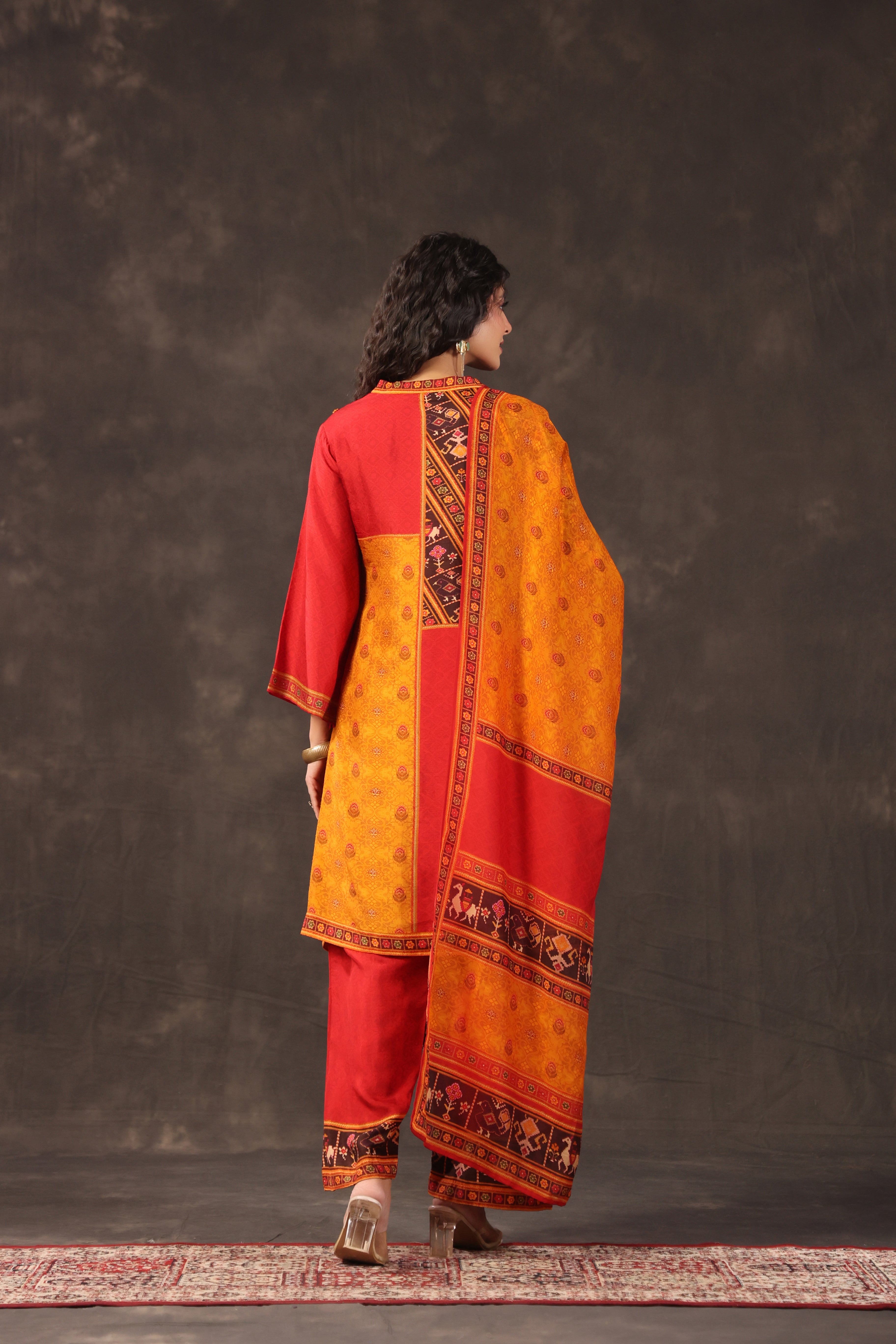 Multicolor Printed Dola Silk Pant Set