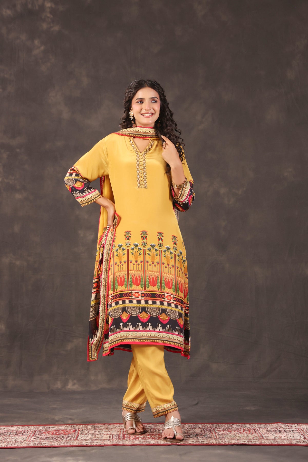 Mustard Yellow Printed Crepe Silk Pant Set