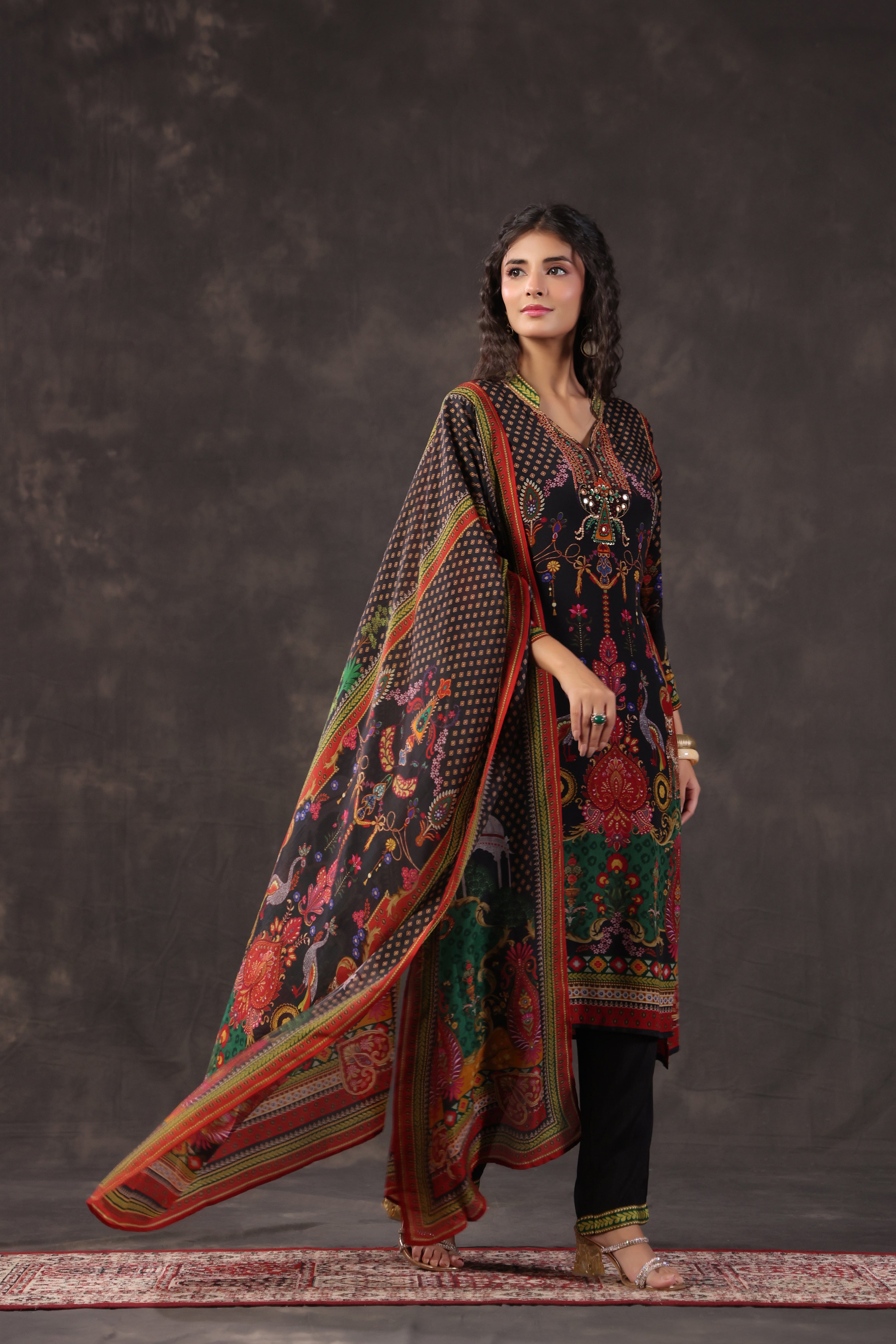 Midnight Black Printed Crepe Silk Pant Set