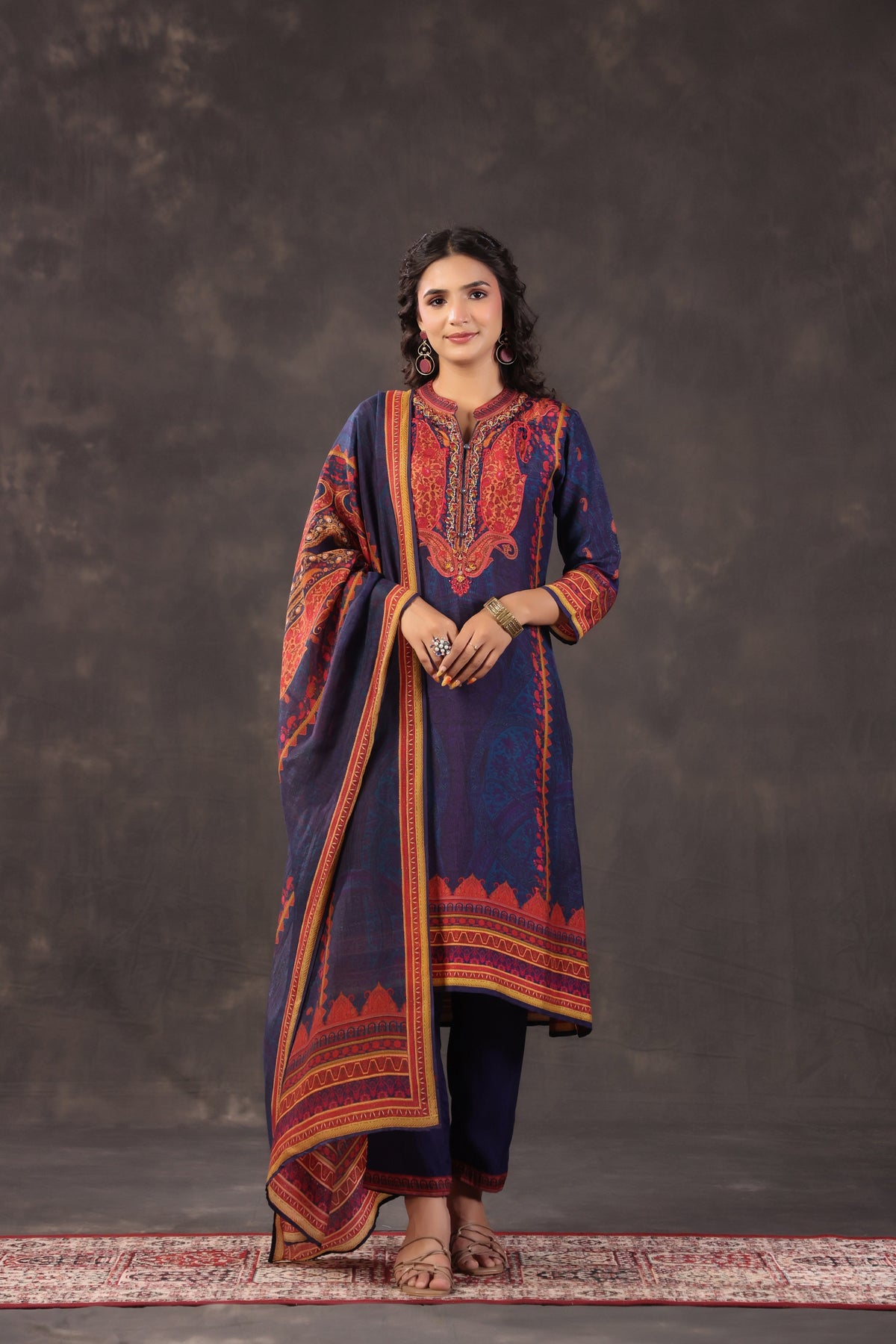 Navy Blue Printed Dola Silk Pant Set