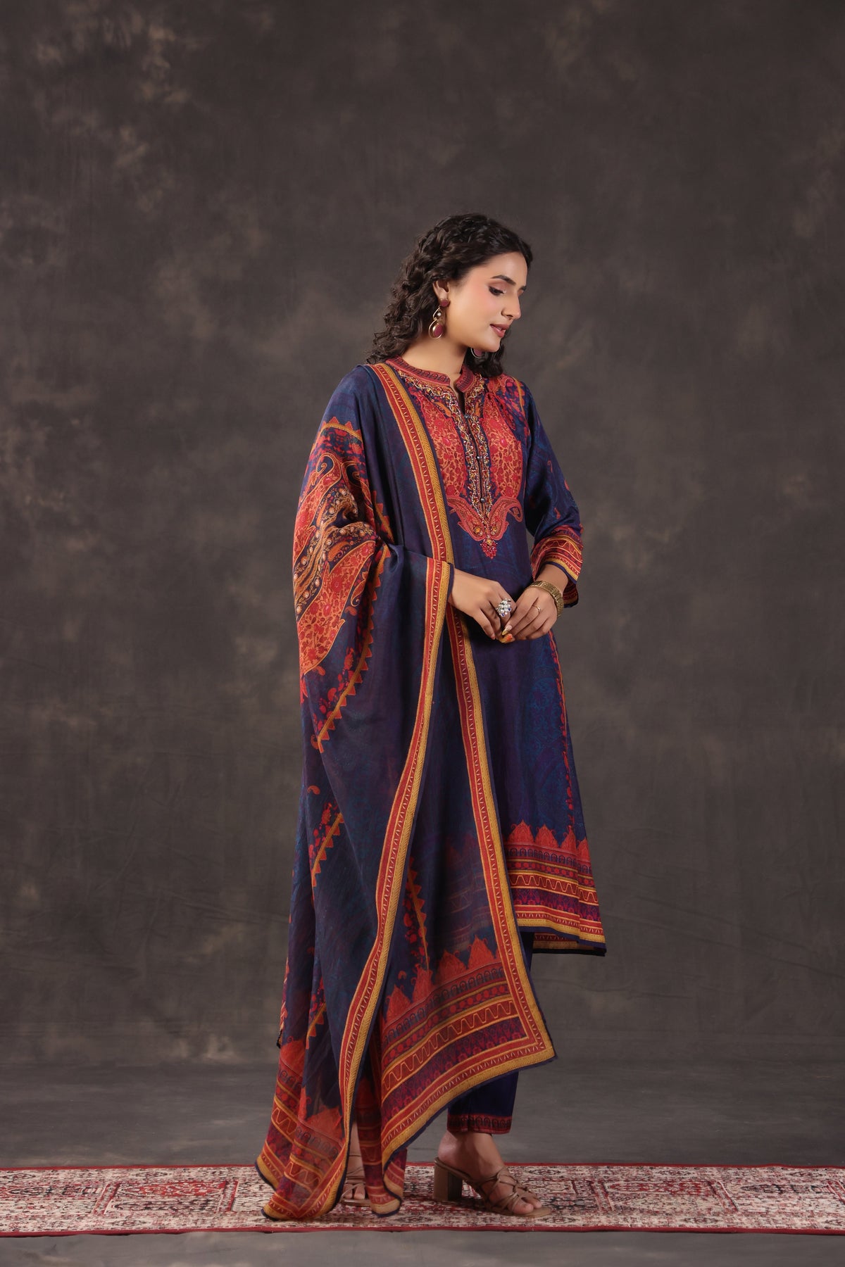 Navy Blue Printed Dola Silk Pant Set