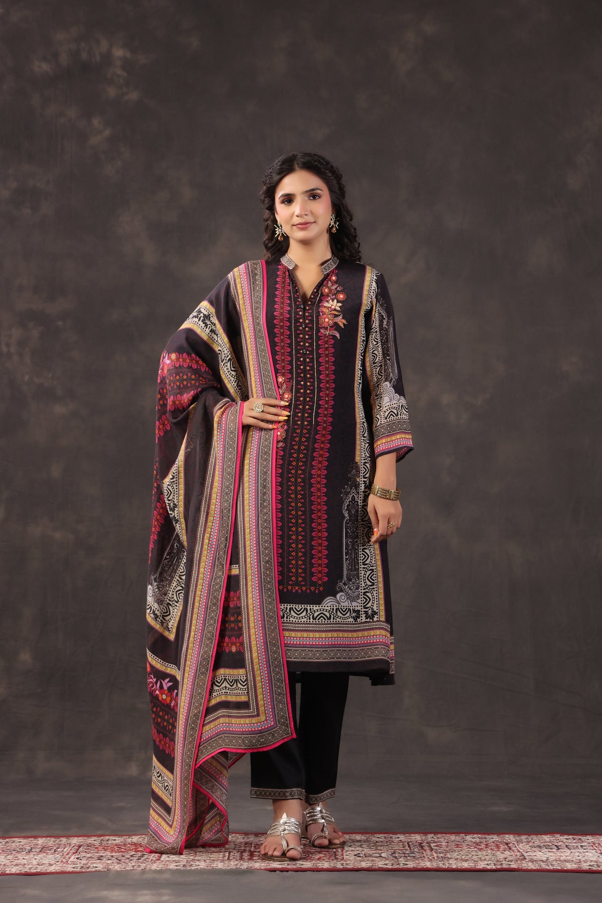 Charcoal Black Printed Crepe Silk Pant Set