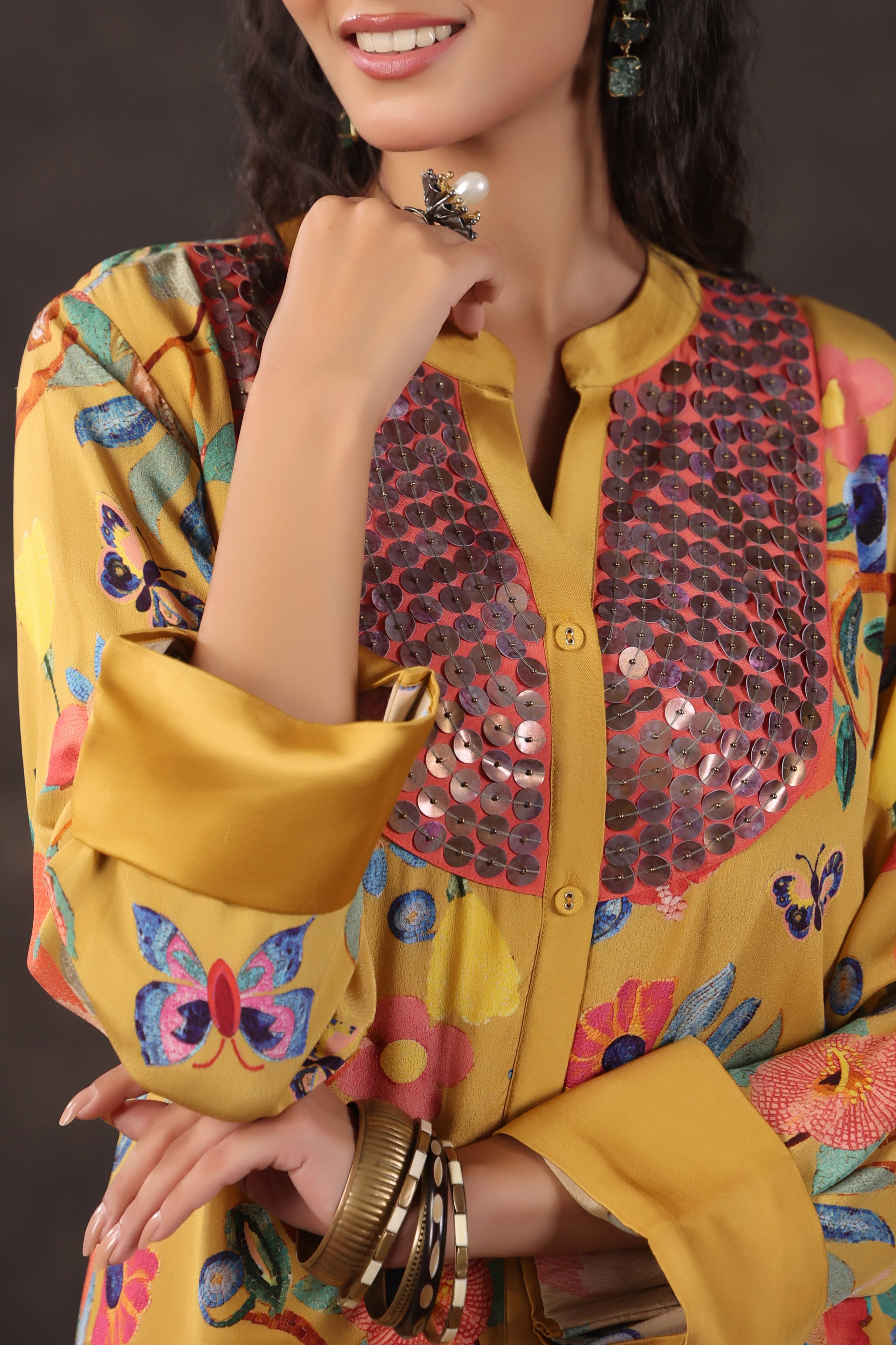 Mustard Yellow Printed Crepe Silk Kurta Set