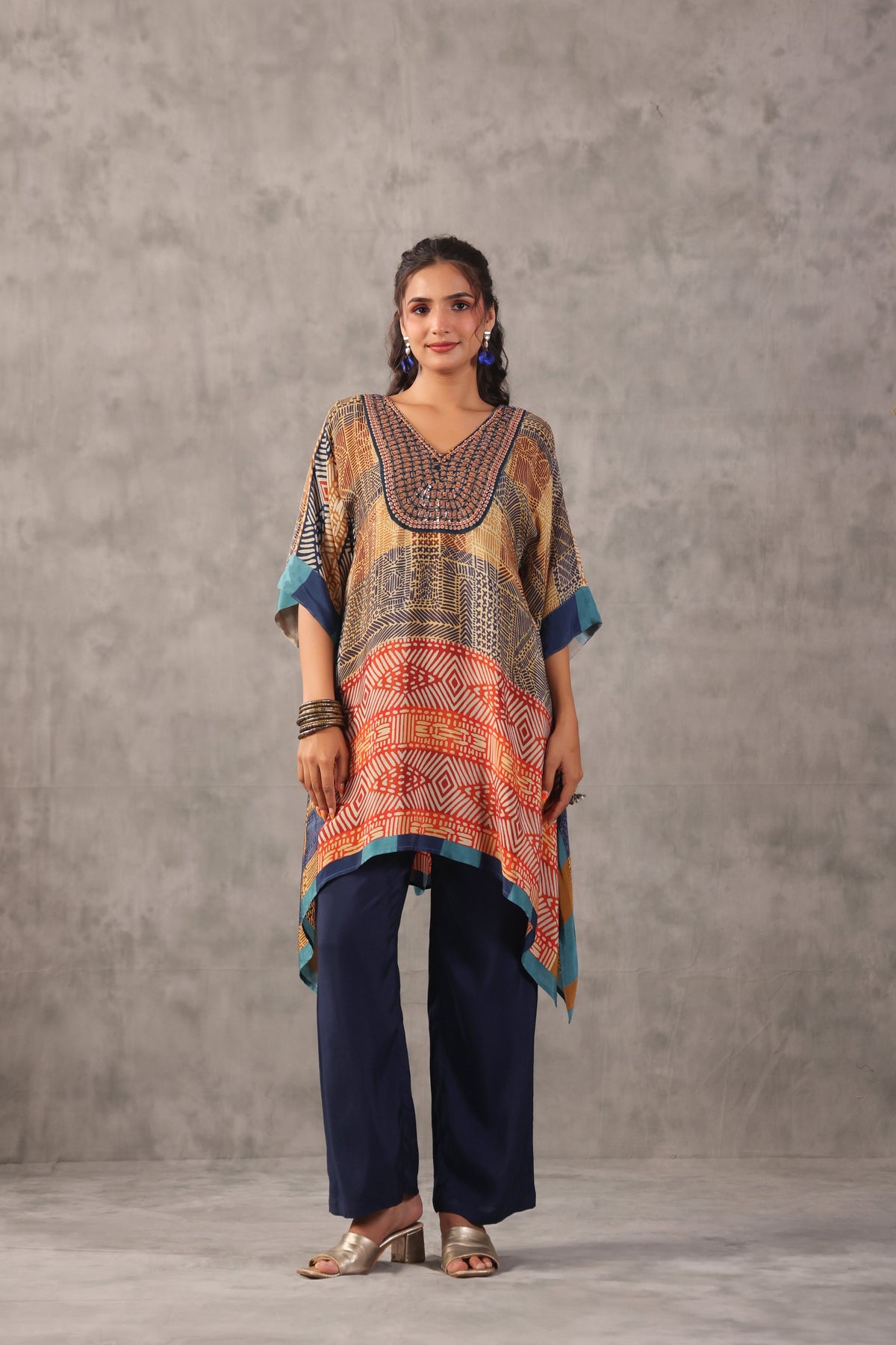 Ochre Tribal Printed Crepe Silk Kurta Set