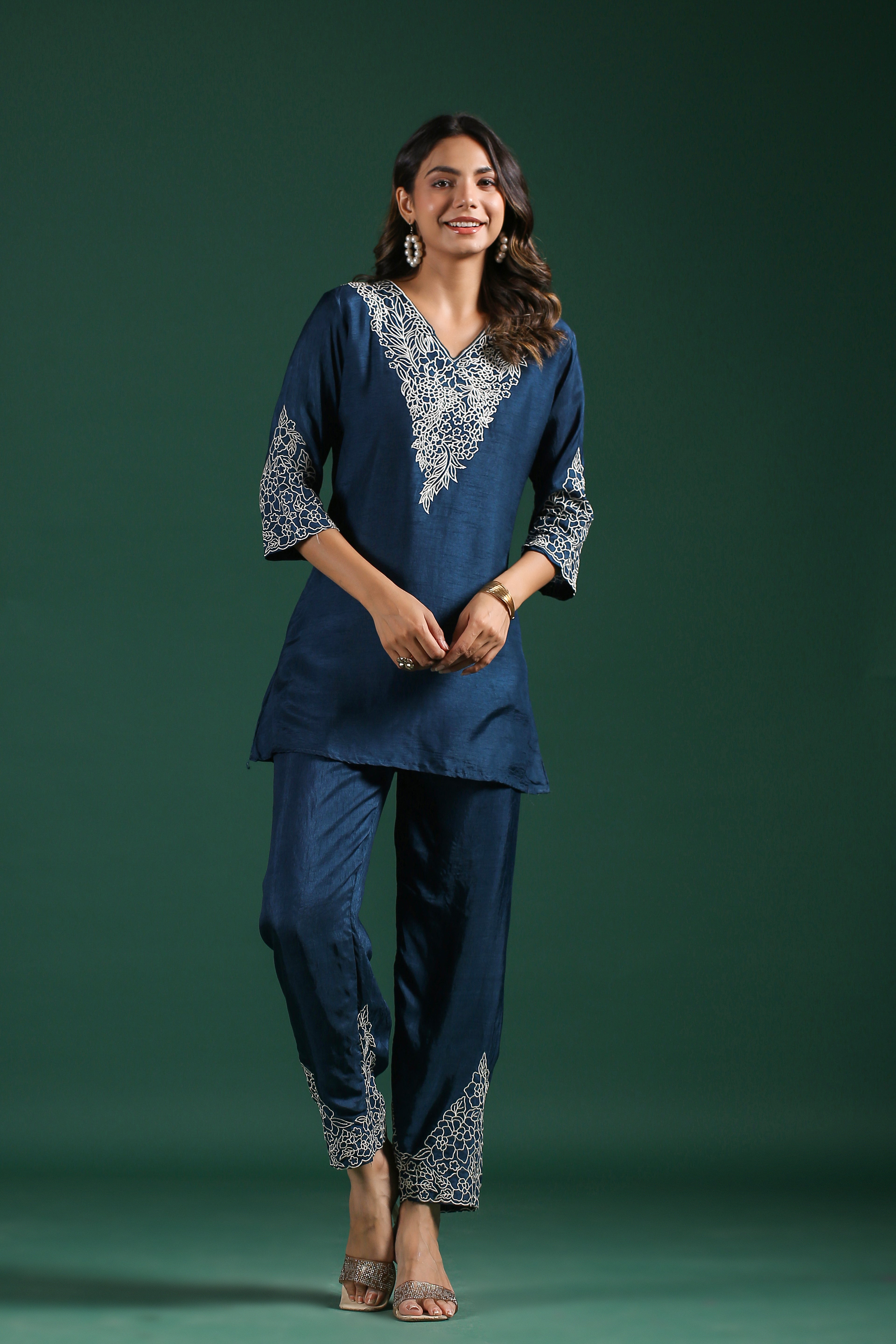 Teal Blue Embroidered Raw Silk Co-Ord Set