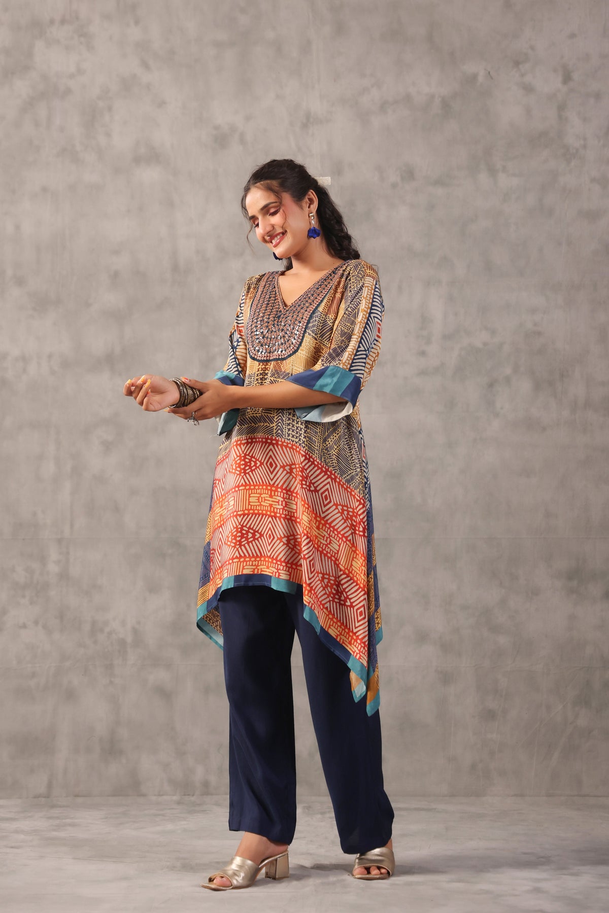 Ochre Tribal Printed Crepe Silk Kurta Set