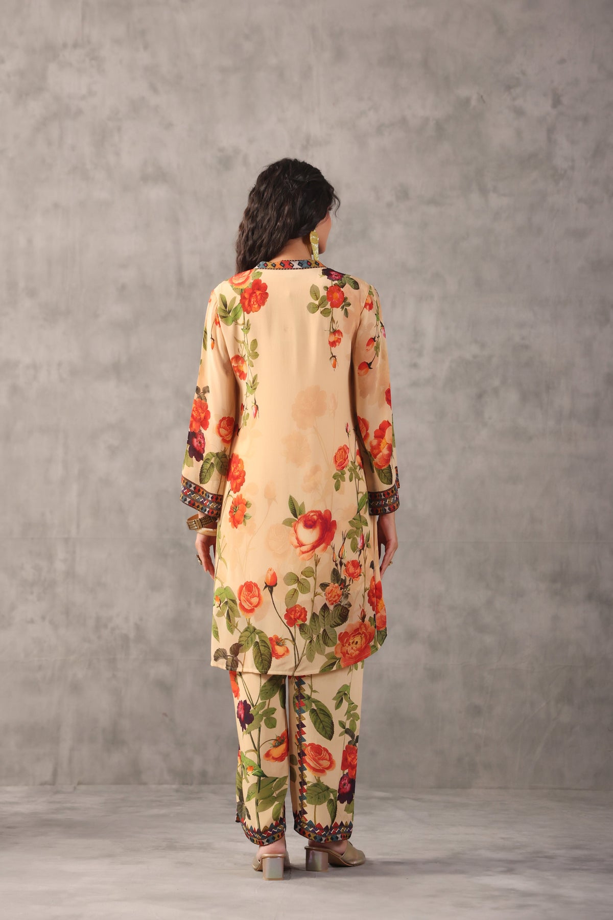 Warm Beige Printed Crepe Silk Kurta Set