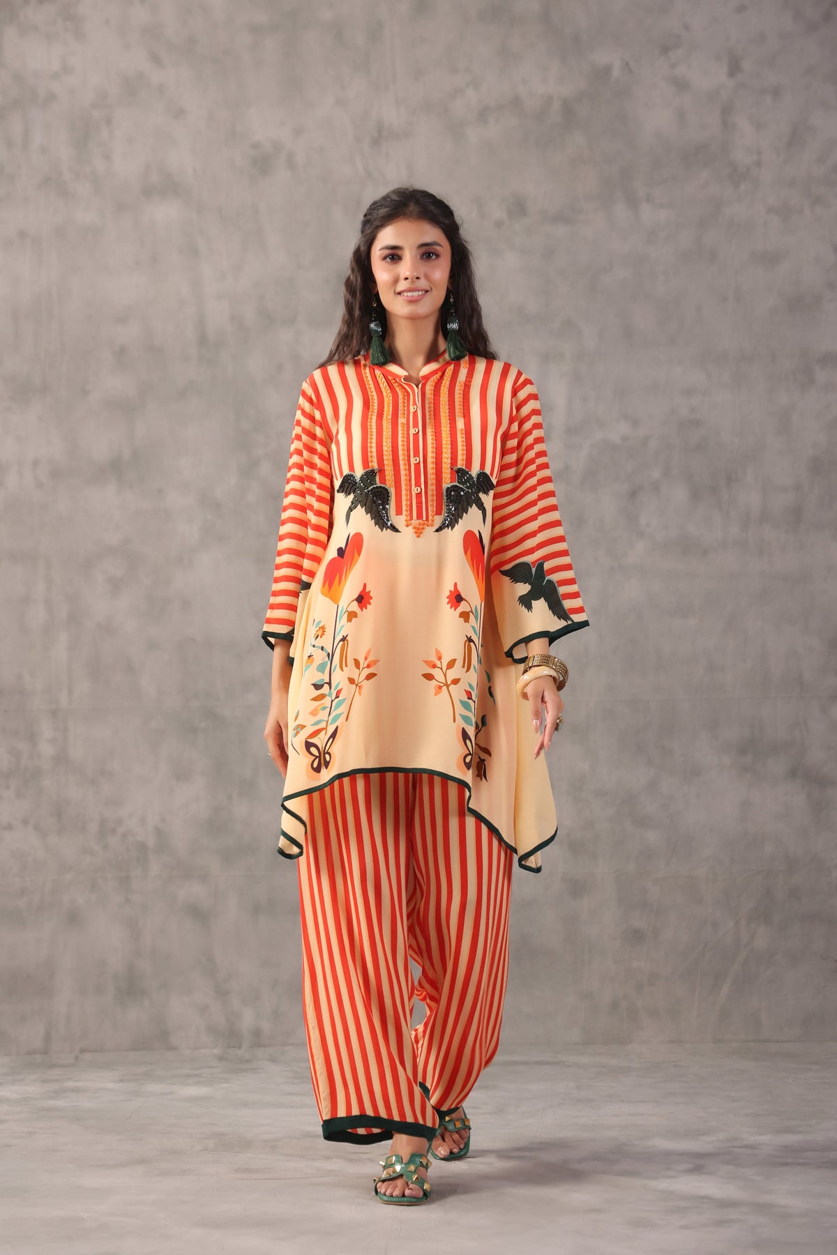 Beige Coral Printed Crepe Silk Co-Ord Set