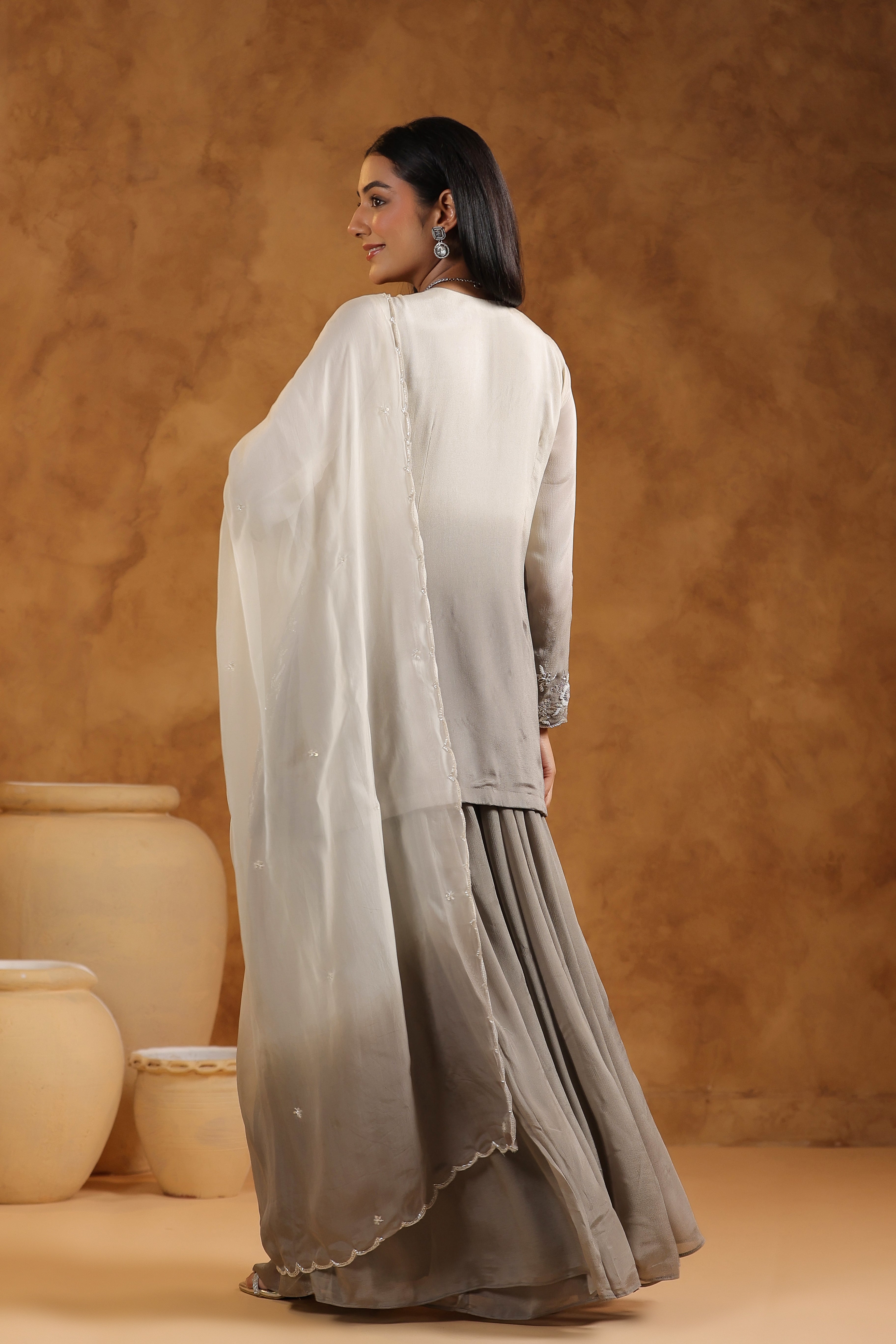Shaded Grey Embellished Chinon Silk Sharara Set