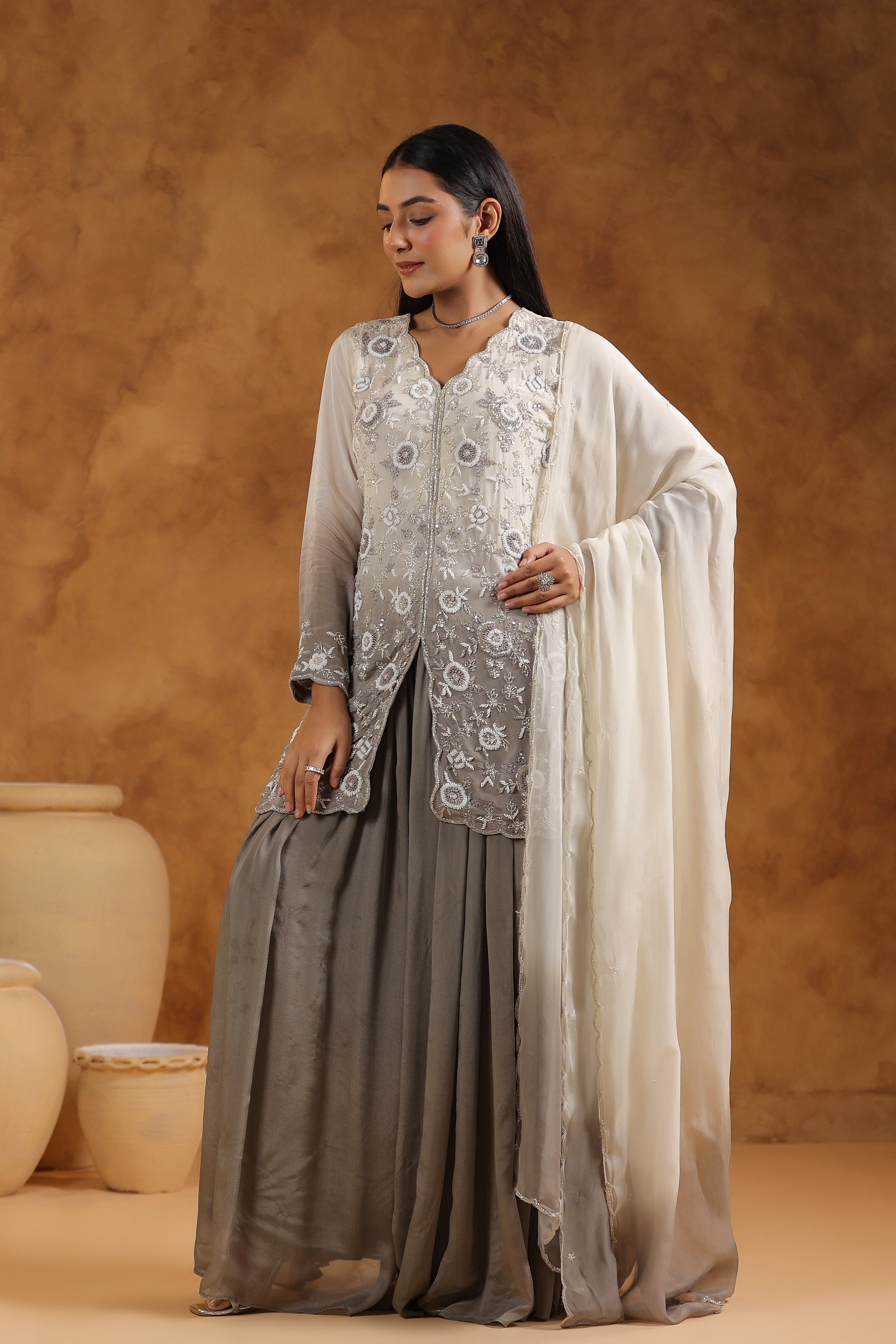Shaded Grey Embellished Chinon Silk Sharara Set