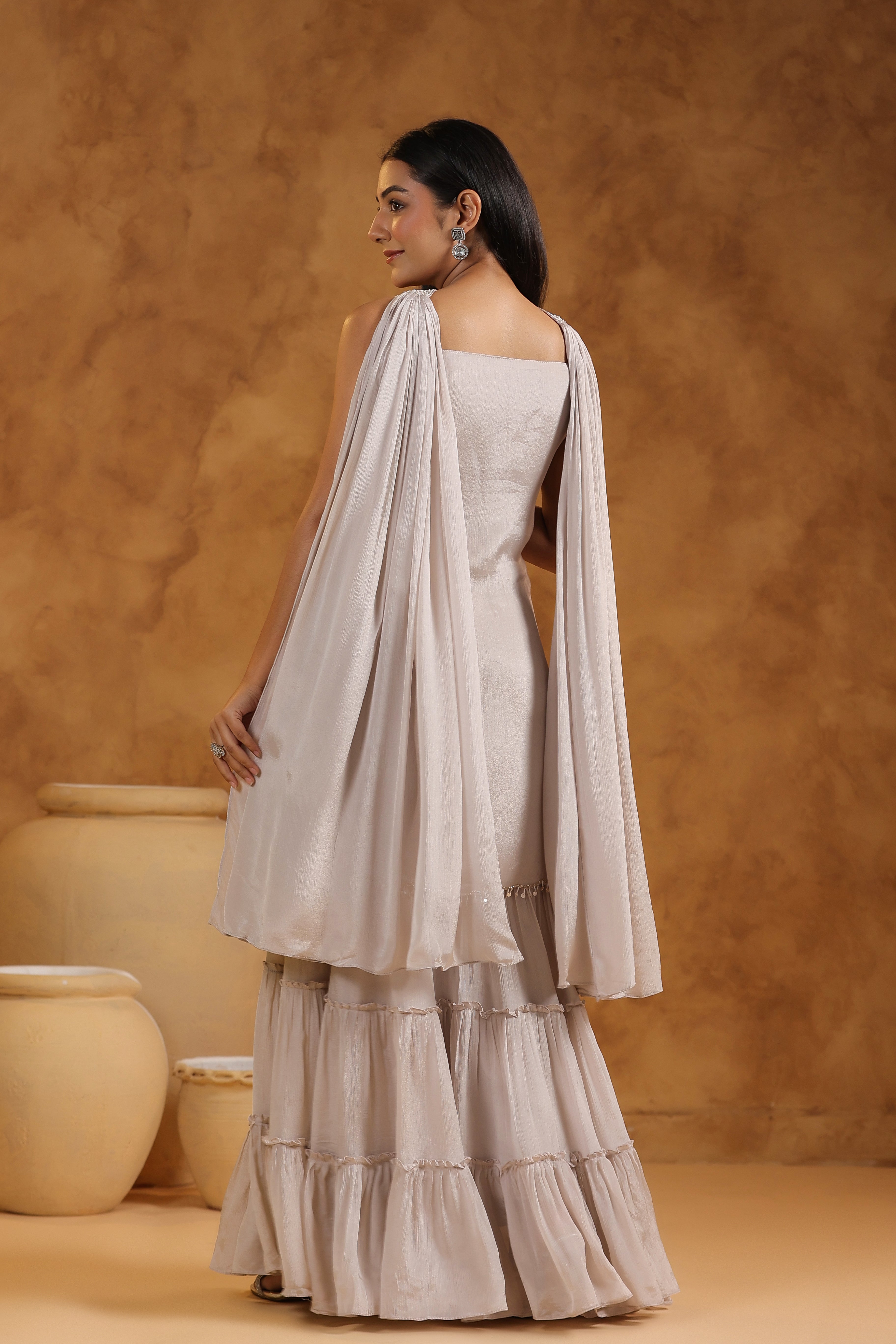 Champagne Beige Embellished Chinon Silk Sharara Set
