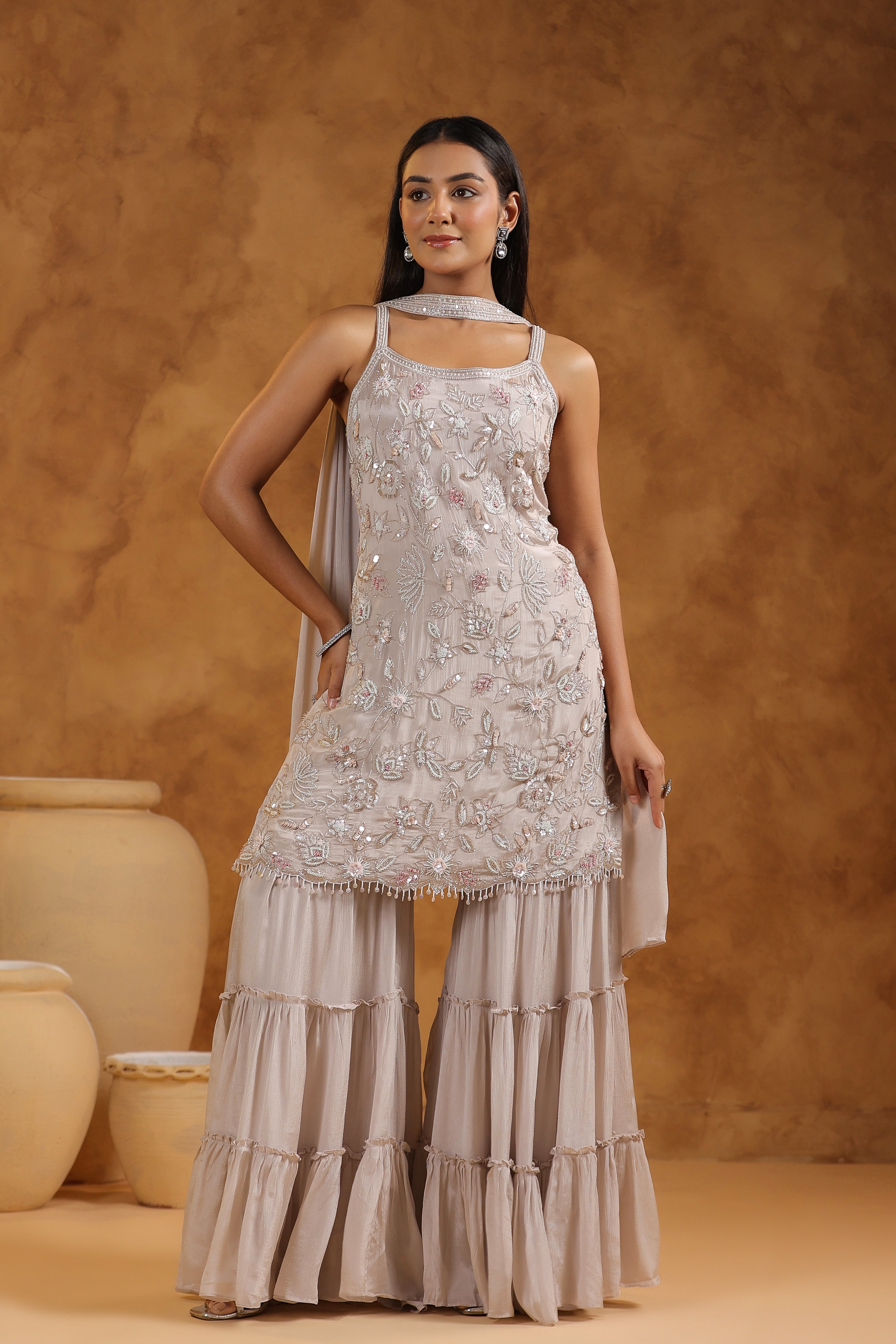 Champagne Beige Embellished Chinon Silk Sharara Set