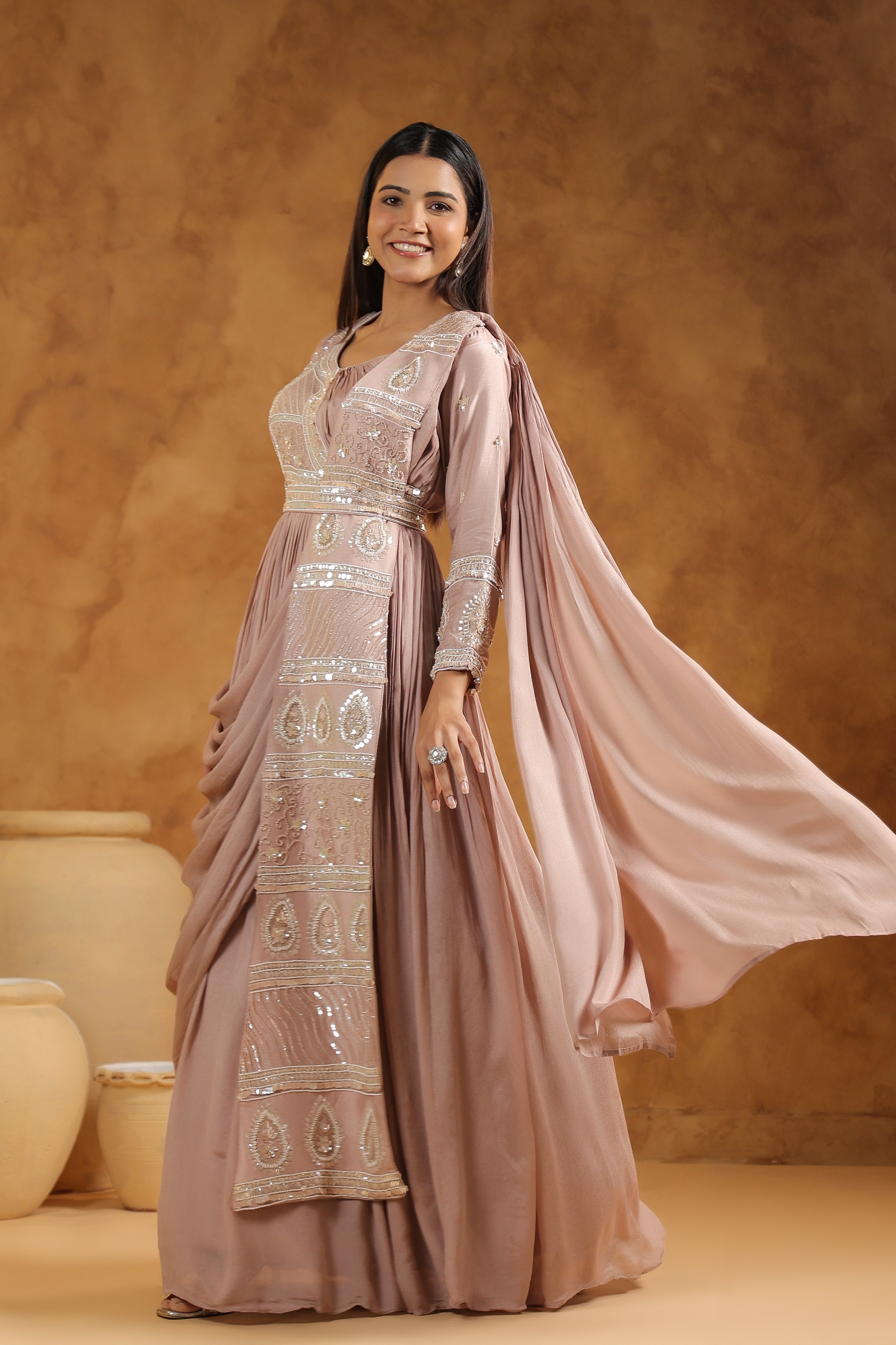 Mauve Pink Embellished Chinon Silk Gown
